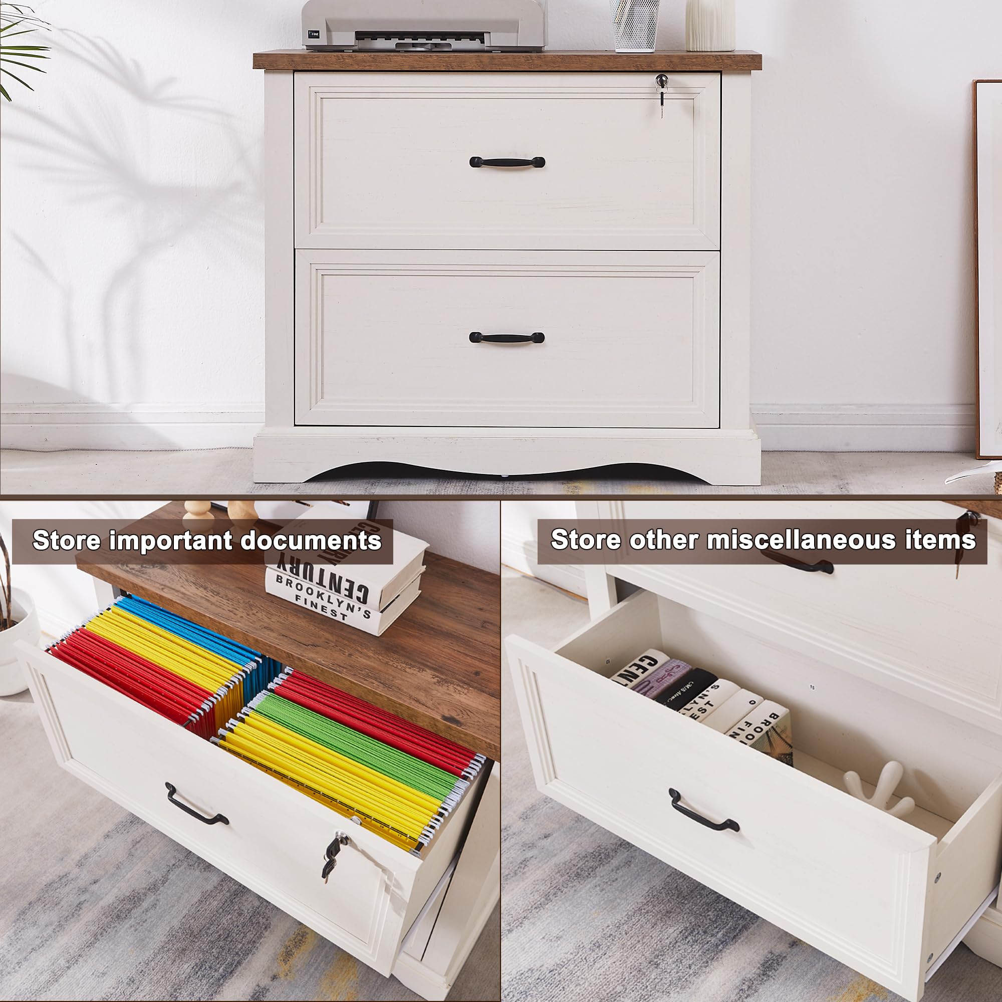 Cajonera de Oficina, Cajonera de Escritorio con 2 Cajones, File Cabinet Archivador Lateral con cajón Superior con Cerradura para Oficina en casa, Compatible con tamaño Carta, Legal y A4
