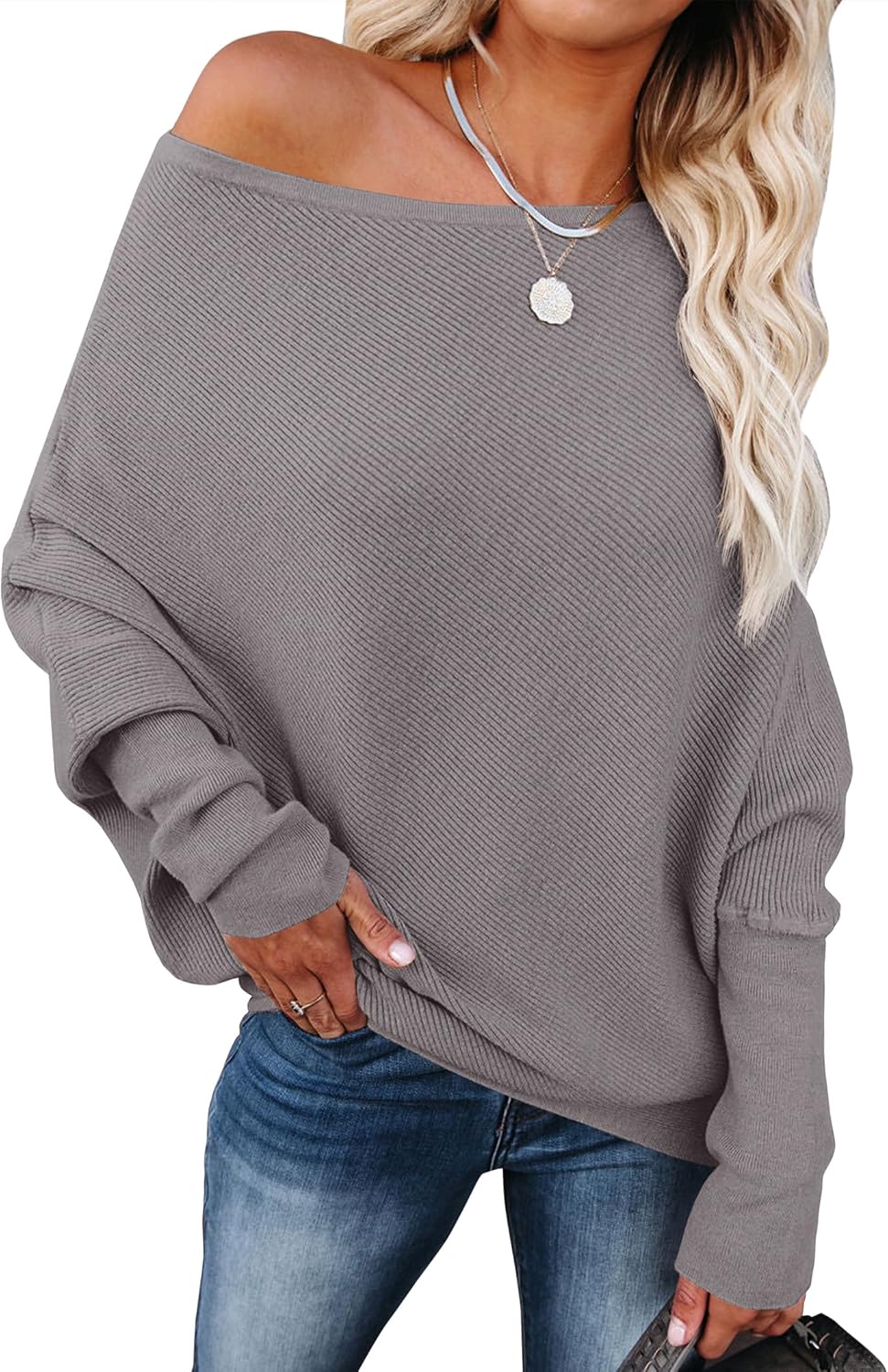 ANRABESS Womens Off Shoulder Sweaters 2025 Fall Long Batwing Sleeve Loose Fit Knit Tops Casual Pullovers Jumpers