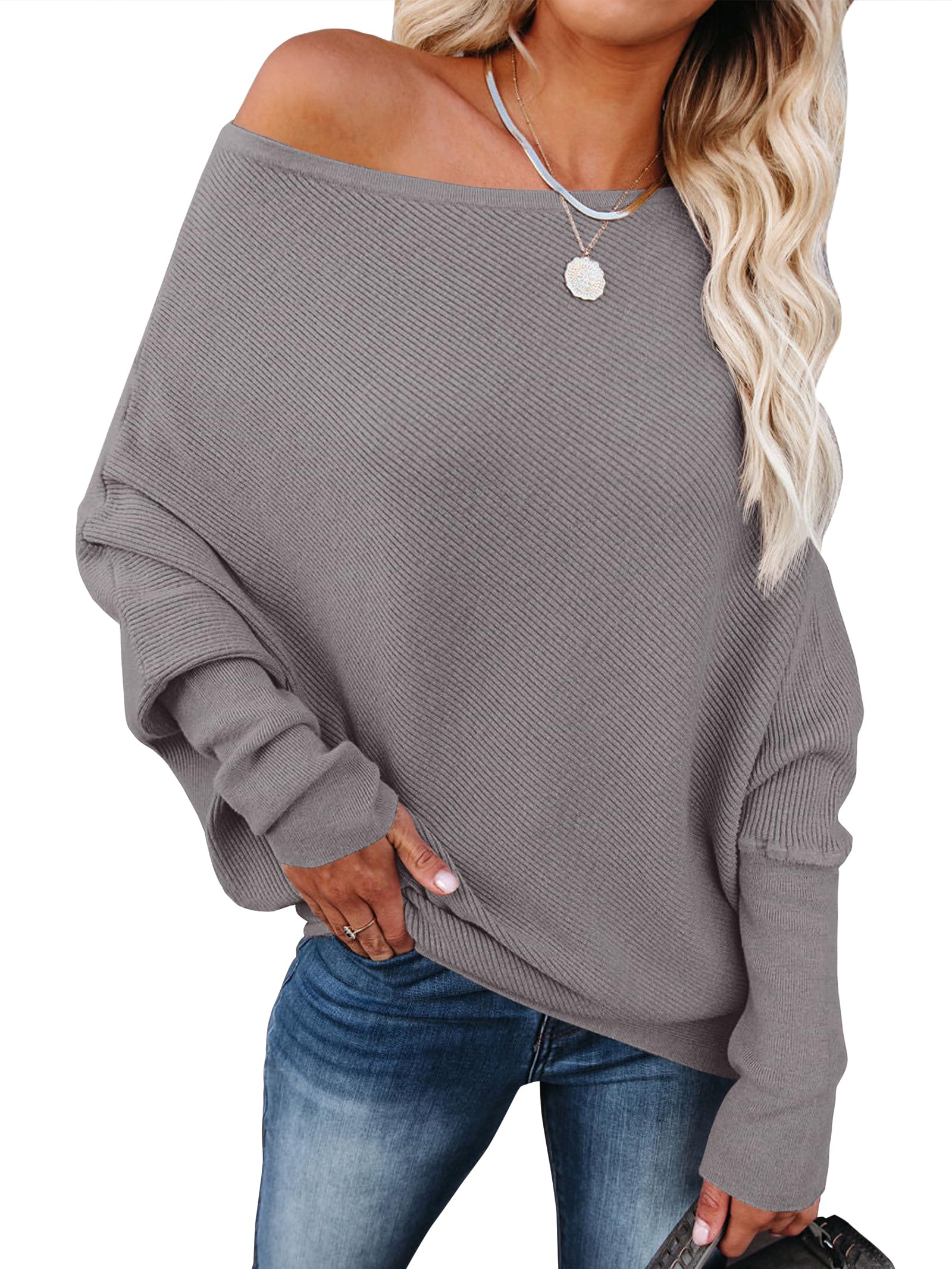 Womens Off Shoulder Sweaters 2025 Fall Long Batwing Sleeve Loose Fit Knit Tops Casual Pullovers Jumpers-image-28