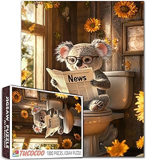 Comprar Bonito rompecabezas de koala de 1000 piezas para adultos, divertido rompecabezas de animales con gafas, lectura de periódicos en el inodoro, rompecabezas caprichoso de girasoles para baño, decoración