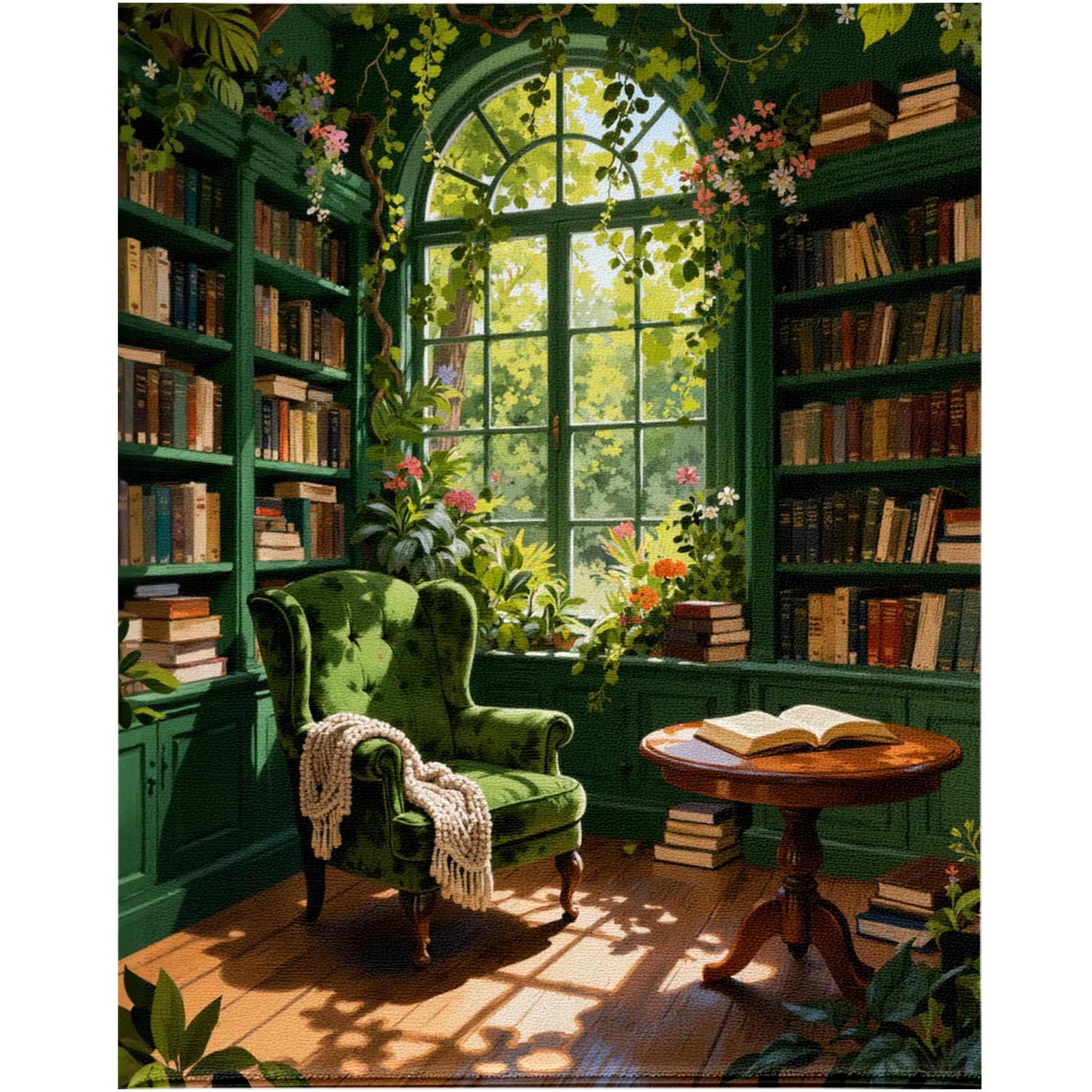 Runovate Paint by Numbers for Adults, Green Library Canvas Painting Kit, DIY Acrylic Art Set with Brushes and Hanging Kit, Paint by Numbers Kits Frameless for Adults for Home Wall Decor 12x16 Inch — image 1