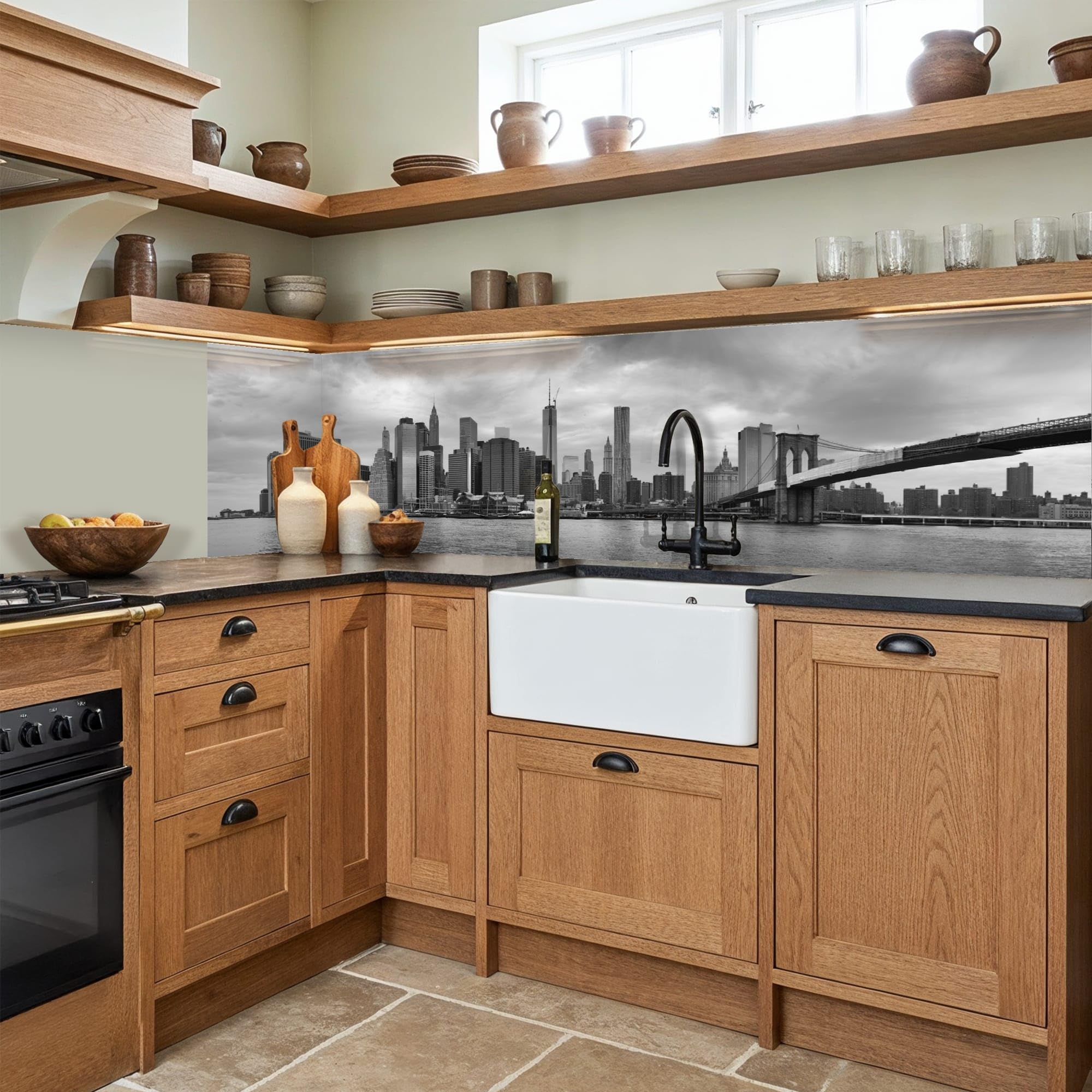 KitchenYeah© Antisalpicaduras Cocina 80x300 cm Adhesivo Salpicadero Protector Pared Salpicaduras Revestimiento Skyline - Puente - Edificios - Incoloro