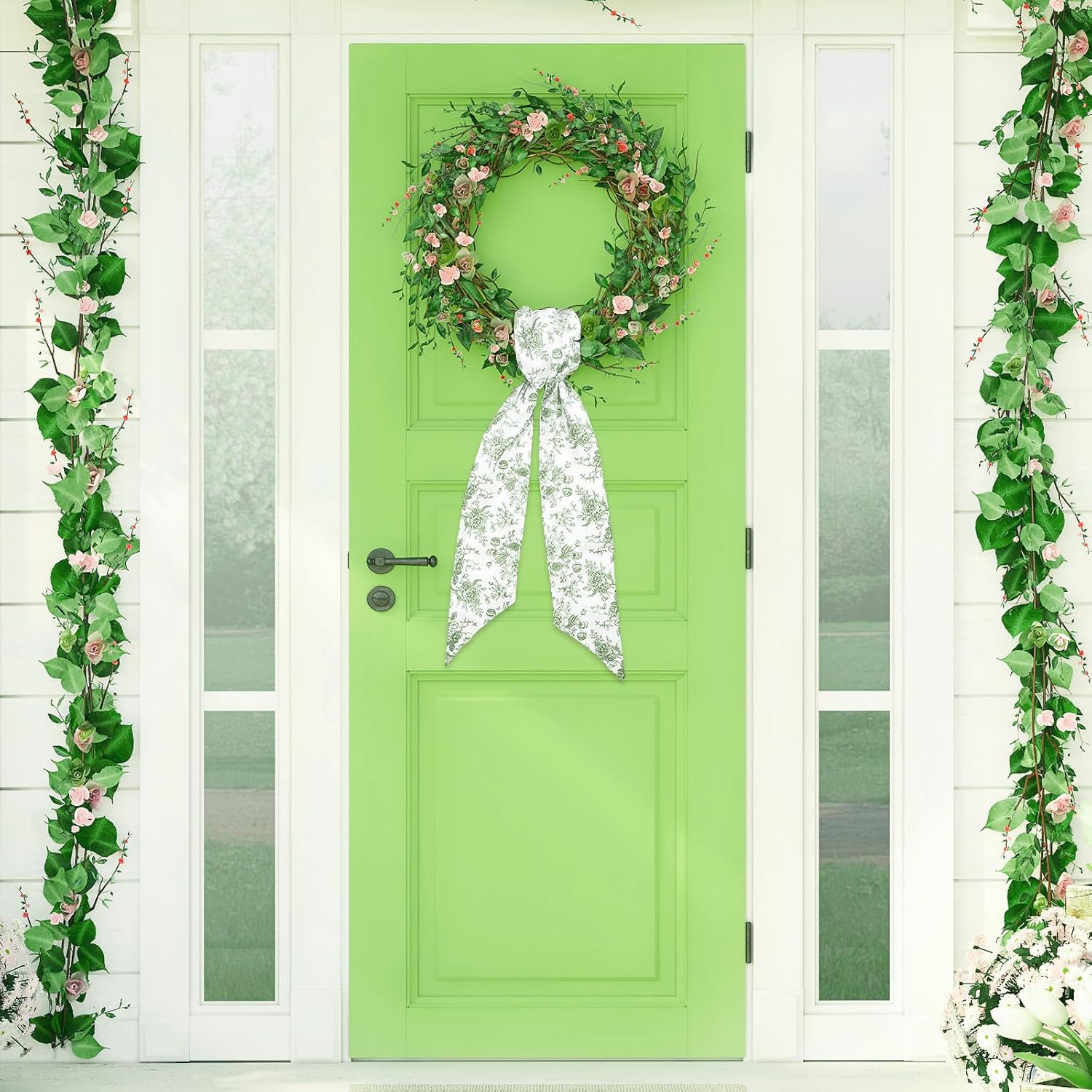 Whaline 6 Pcs Green Flower Wreath Sash for Front Door Chinoiserie Floral Garland Ribbon for Holiday Party Home Decor Indoor Outdoor