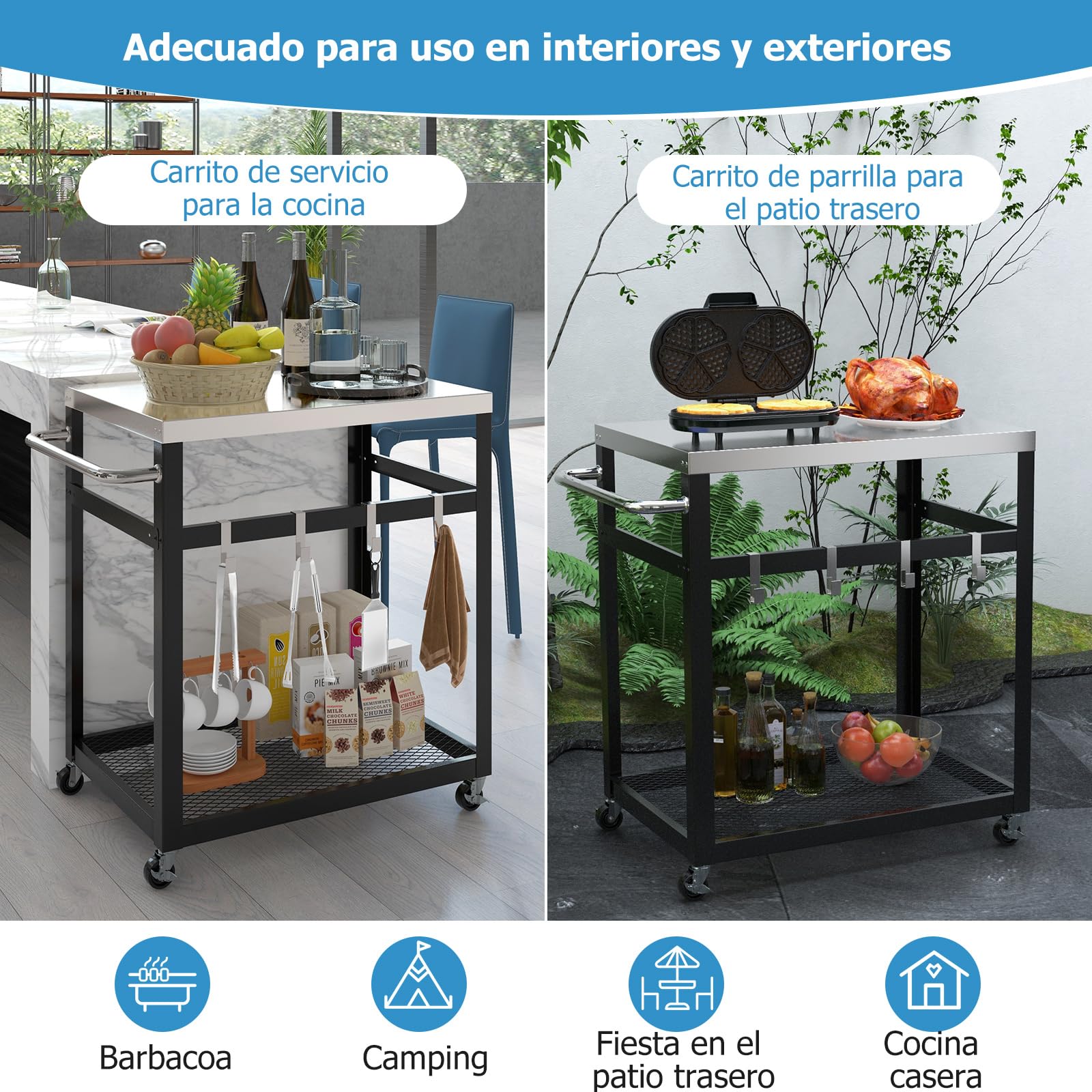 COSTWAY Carro de Servicio de Acero Inoxidable, Carro para Parrilla con Ruedas y Asa, Carro con 4 Ganchos para Bar de Casa, Cocina, Comedor 83,5 x 50,5 x 84,5 cm