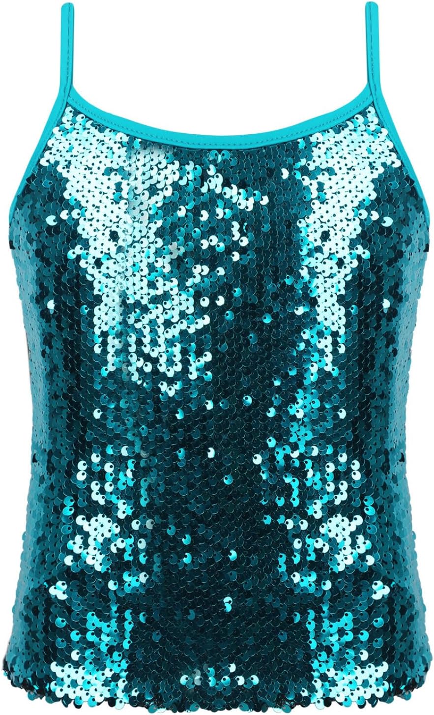 Kids Girls Shiny Sequins Camisole Tank Top Jazz Latin Ballet Dance Crop Top Stage Performance Vest Tops