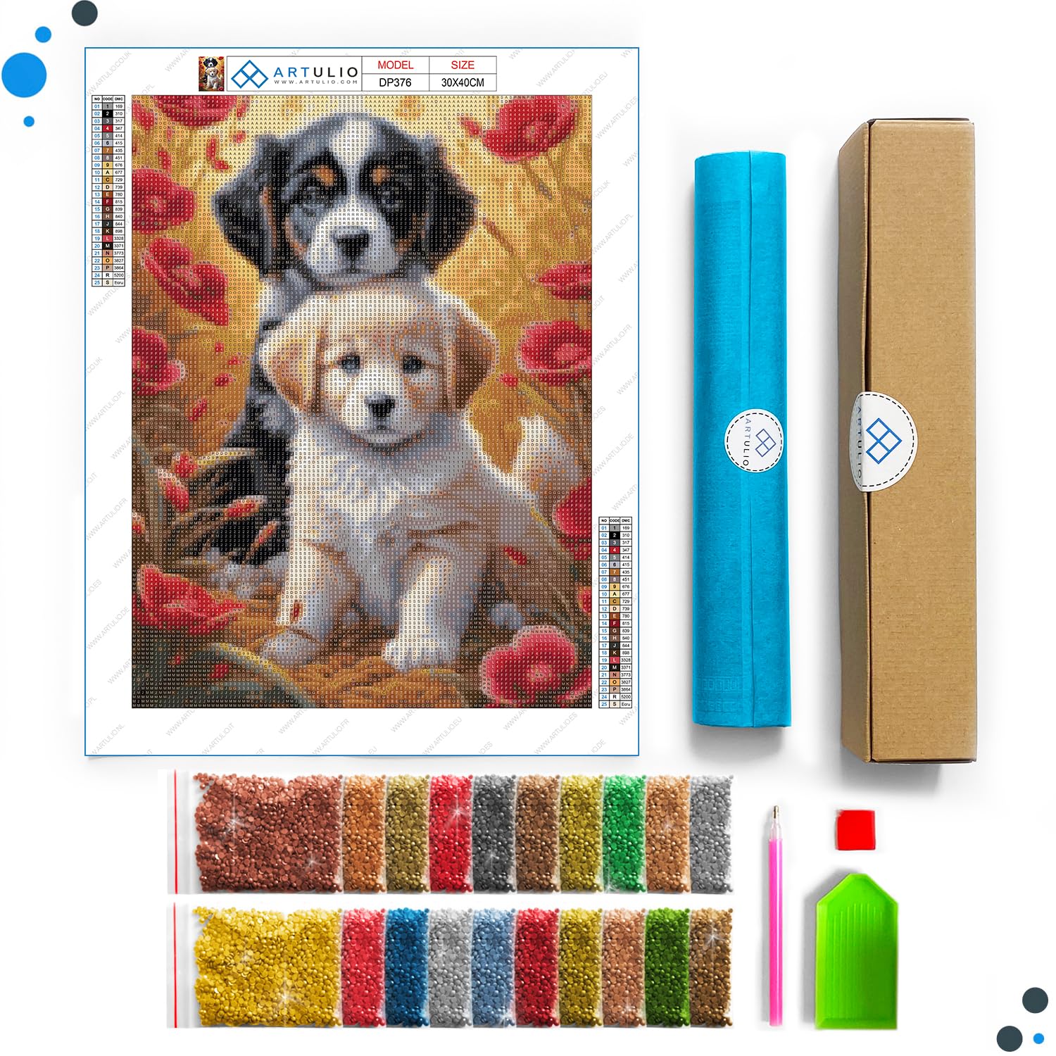ARTULIO Pittura Diamante Fai da Te – Cagnolino con ghirlanda di rose – 30x40 cm - Diamond Painting Kit Completo, Ricamo a Punto Croce Strass Diamante