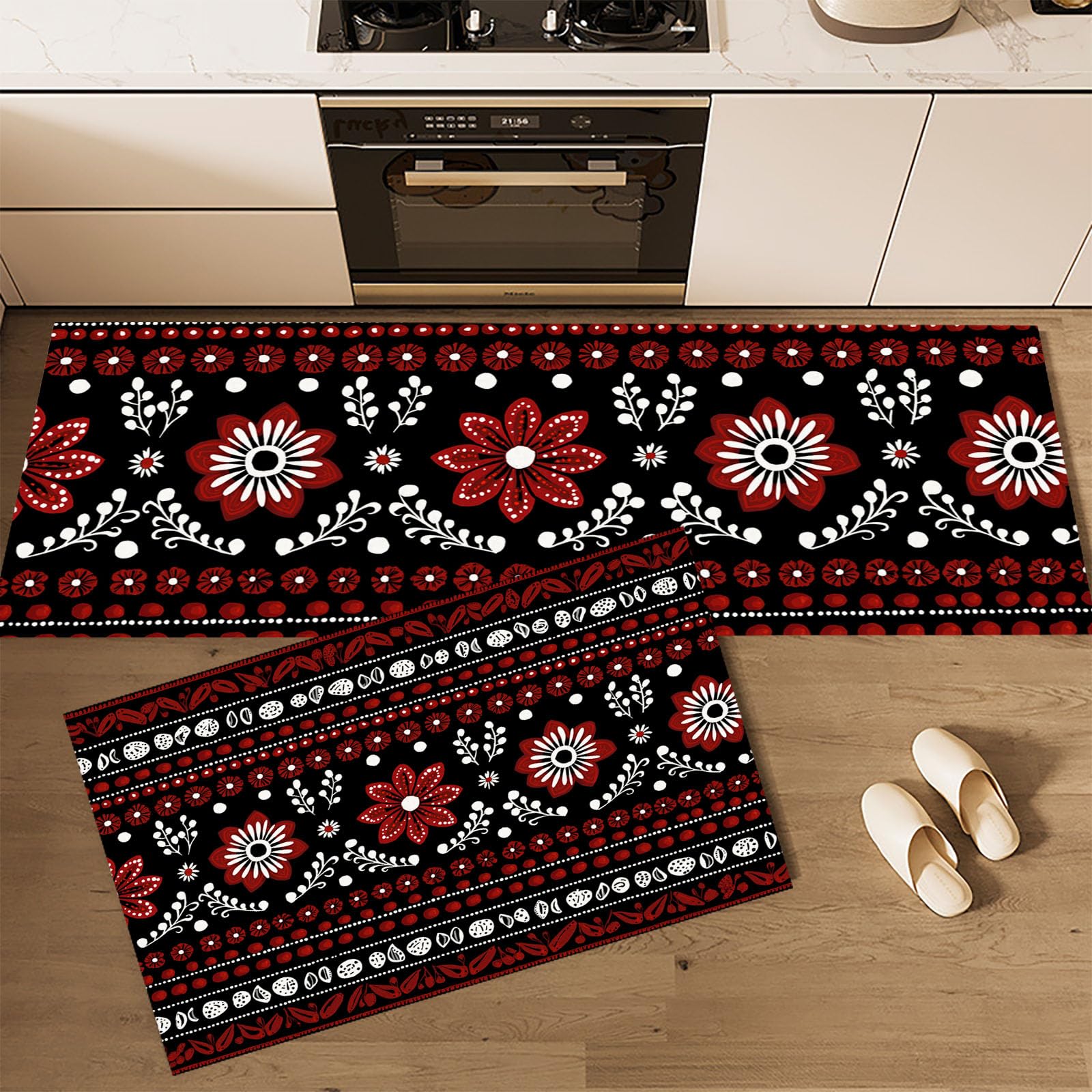 Tapis de sol de cuisine ethnique rouge et noir : set décoratif et lavable de 2 pièces