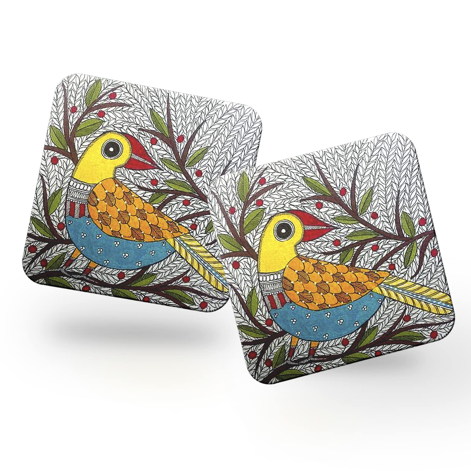 JIKRAA® Wooden Pack of 2 Square Shape Colorful Coasters | MDF Coasters for Home Kitchen, Office Desk (4 x 4 Inch) - Set of 2 (Design -9)