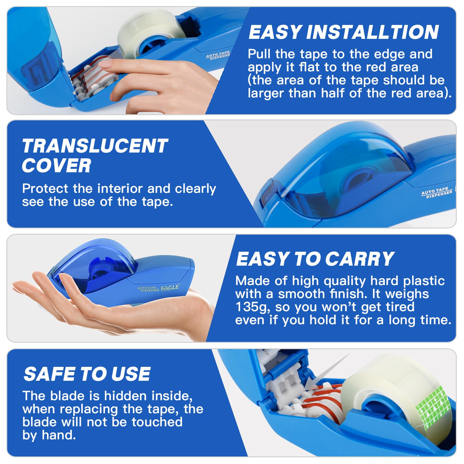 Eagle Automatic Tape Dispenser and Tape Gun with 1 roll 1/2 inch(12mm) and 1 roll 3/4inch (19mm) Tape (Blue) - Image 2