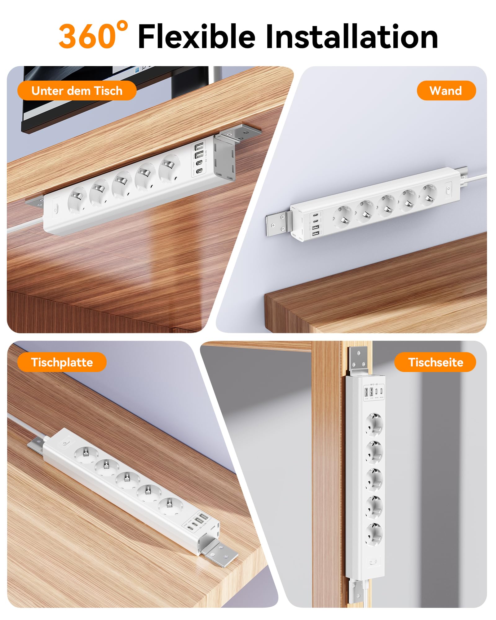 Regleta para Montaje bajo Mesa con protección contra sobretensiones, Enchufe múltiple conmutable Individualmente, 5 enchufes con 2 USB A y 2 Type-C (PD 20 W), Cable de 2 m (Blanco)