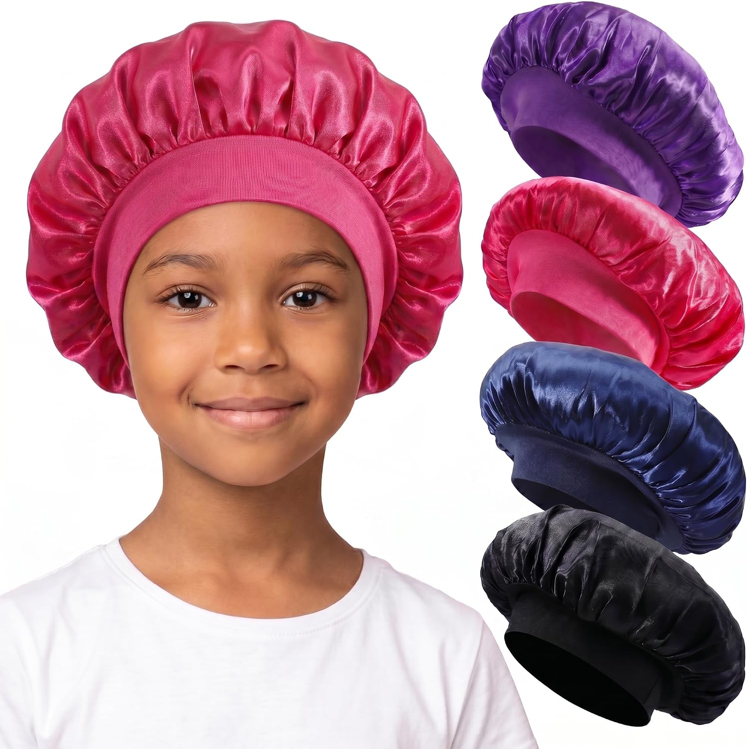 4 Pcs Kids Satin Hair Bonnet for Sleeping, 11 Inch Sleep Cap, Wide Band Sleep Bonnet, Breathable Child Bonnets for Sleeping for Kids Curly Hair(Purple, Rose Red, Black, Blue)