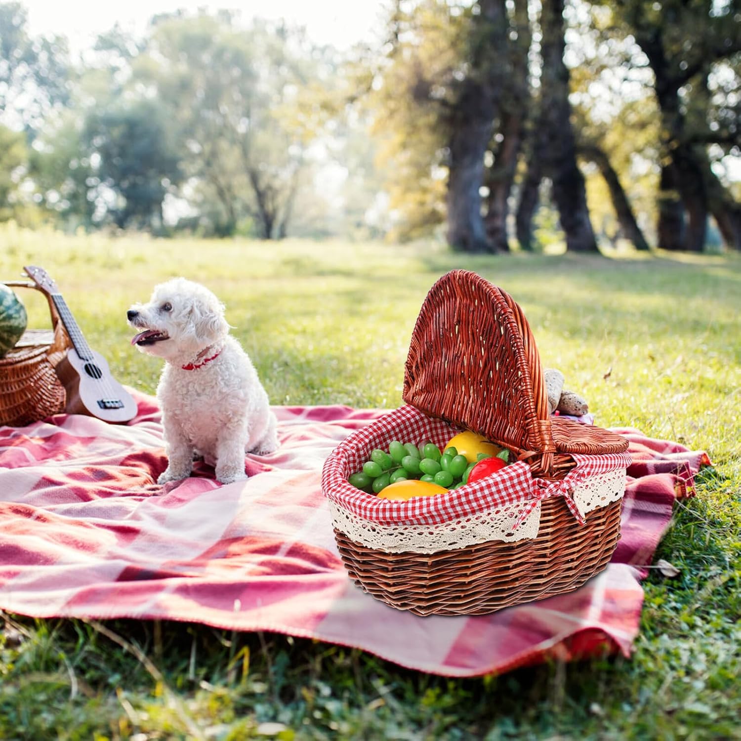 Woven Handheld Picnic Basket with Double Lids Red Gingham Pattern, Willow Fruit and Vegetable Storage Basket for Outdoor Travel and Garden Use