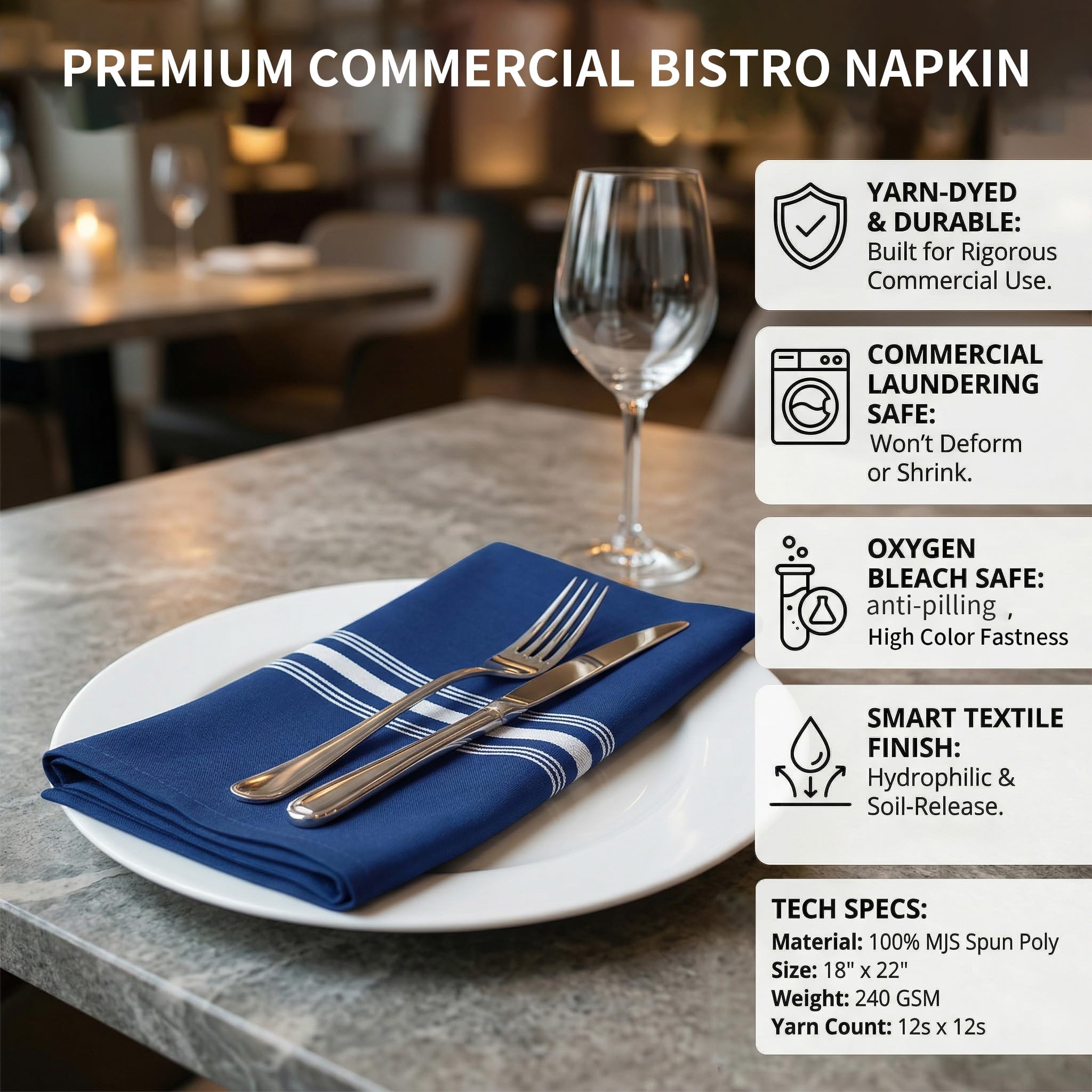 Bistro - Juego de 12 servilletas de tela a rayas, lavables de 45,7 x 55,8 cm, calidad comercial, reutilizables, no se planchan, no se decoloran, color azul rey con rayas invertidas
