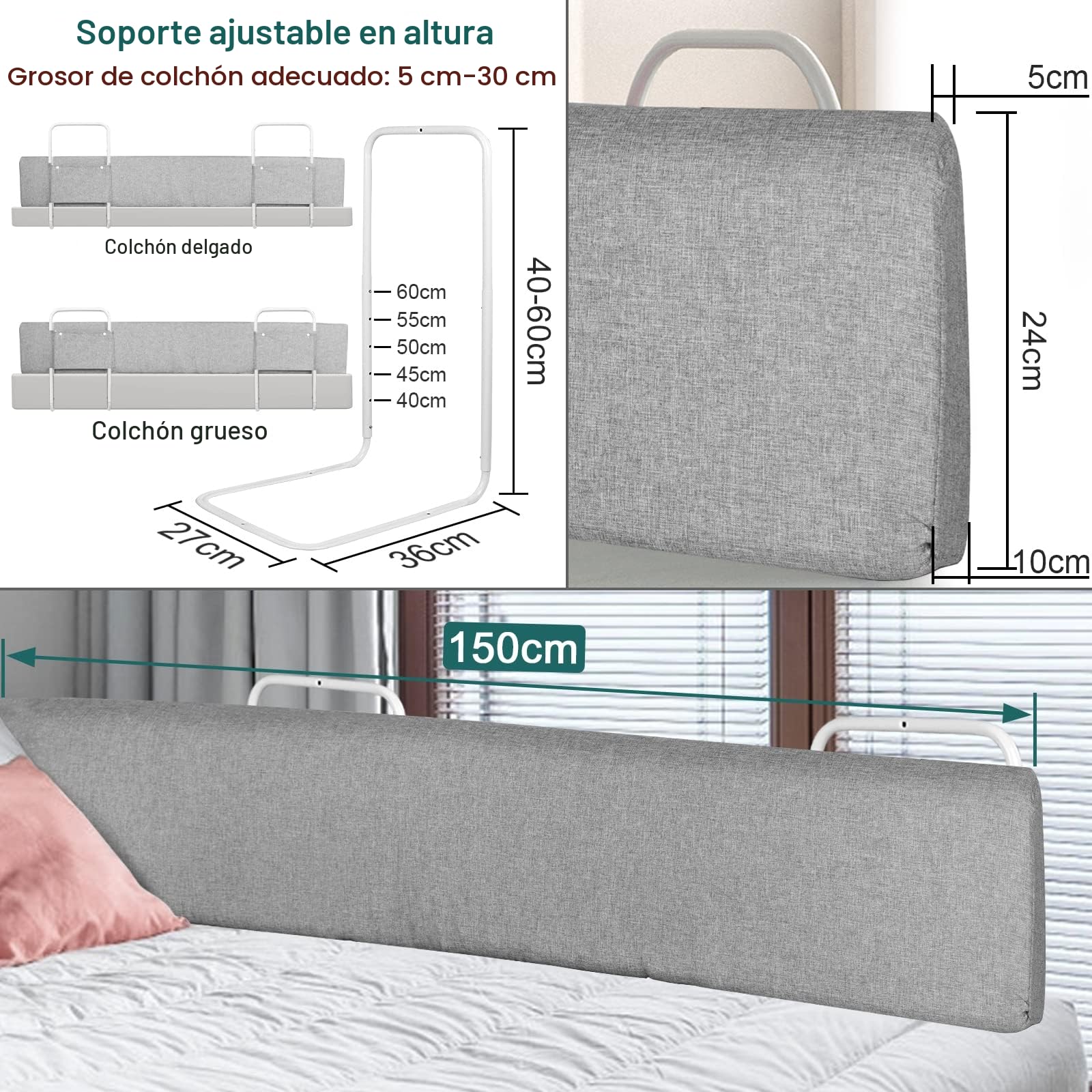 Froadp 150 cm Protector de borde de la cama infantil, altura ajustable, barandilla antideslizante para cama con cremallera, paquete suave, barandilla de seguridad para niños pequeños y bebés
