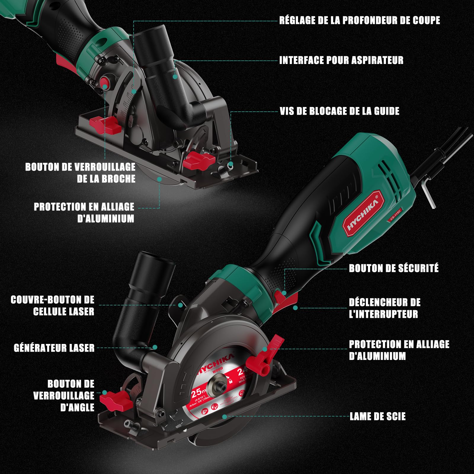 HYCHIKA Sega Circolare a Mano, Mini Sega Circolare 750W 3500 giri/min con Borsa da Trasporto, 3 Lame da Sega 115+125mm, Guida Parallela, Profondità di Taglio 48mm, per Legno, Metallo Dolce, Plastica