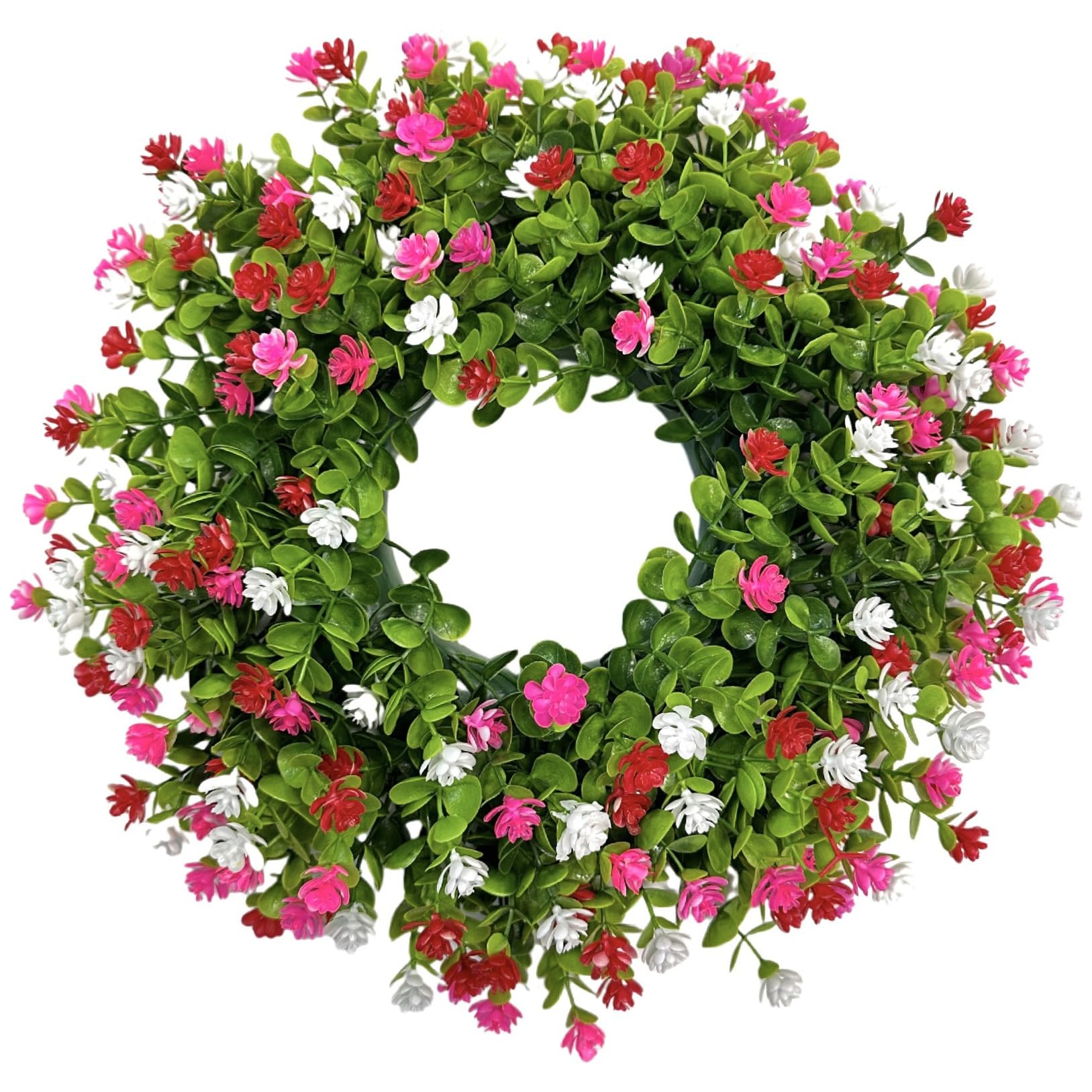 Bemonew Spring Wreaths for Front Door, 15in Artificial Eucalyptus Wreath with Various Small Flowers Vivid Door Decor for All Year Round, Style-2