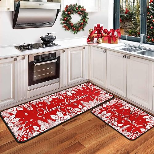 Juego de 2 alfombras y tapetes de cocina de Navidad rojos, decoraciones navideñas para el hogar, tapete de cocina navideño, decoración de Feliz