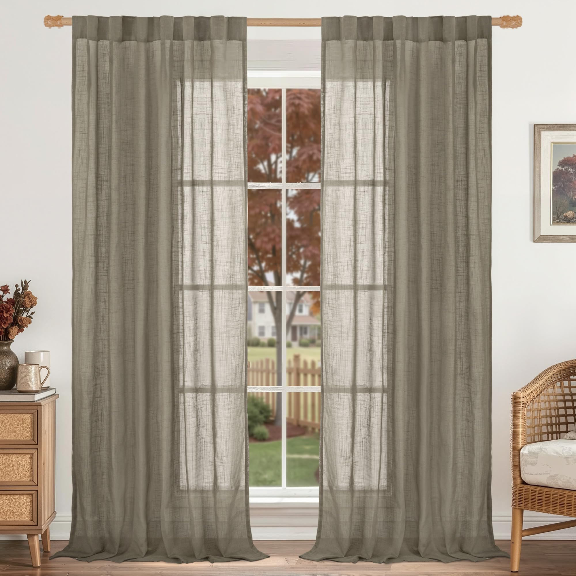 LAMIT Natural Linen Semi Sheer Curtains 84 Inches Long 2 Panels, Living Room Linen Textured Light Filtering Drapes Back Tab and Rod Pocket Neutral Window Panels for Bedroom/Sliding Door, 52 x 84 Inch — view 12