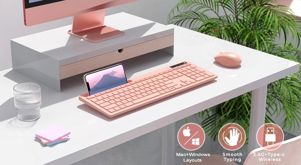 Wireless Keyboard and Mouse for MacBook, Vivefox Pink Rose Wireless Keyboard with Phone Holder, USB A & Type C Receiver, Full-Size Combo for Mac, MacBook/Air/Pro Windows PC Computer