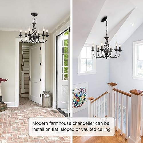 Miniatura 5 de Jaycomey Candelabro de vela de granja para comedor, 6 luces rústicas industriales, lámpara colgante de techo, lámpara colgante negra vintage
