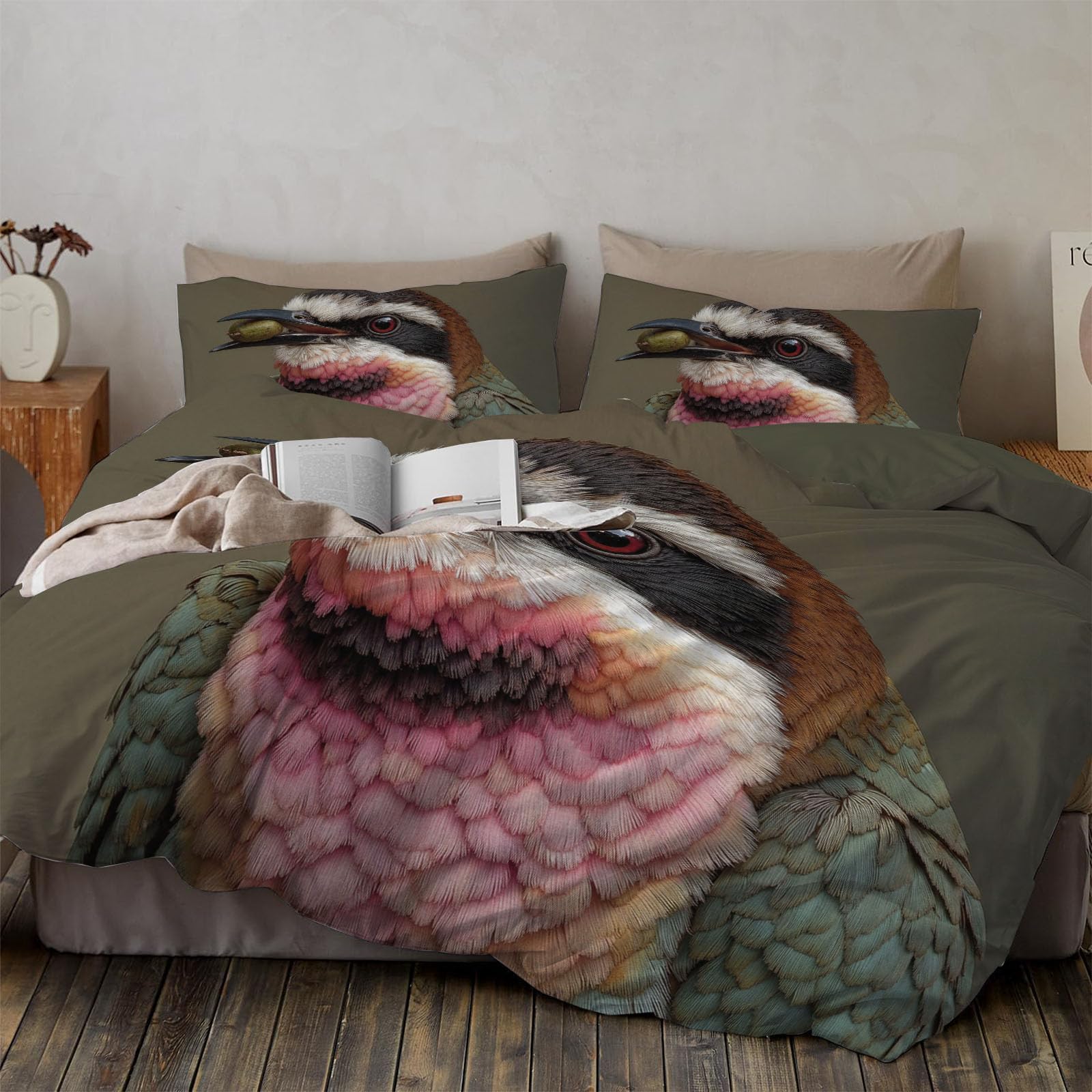 Parure de lit 240x260 guêpier figuier rose vert avec housse de couette et taies d'oreiller zippées