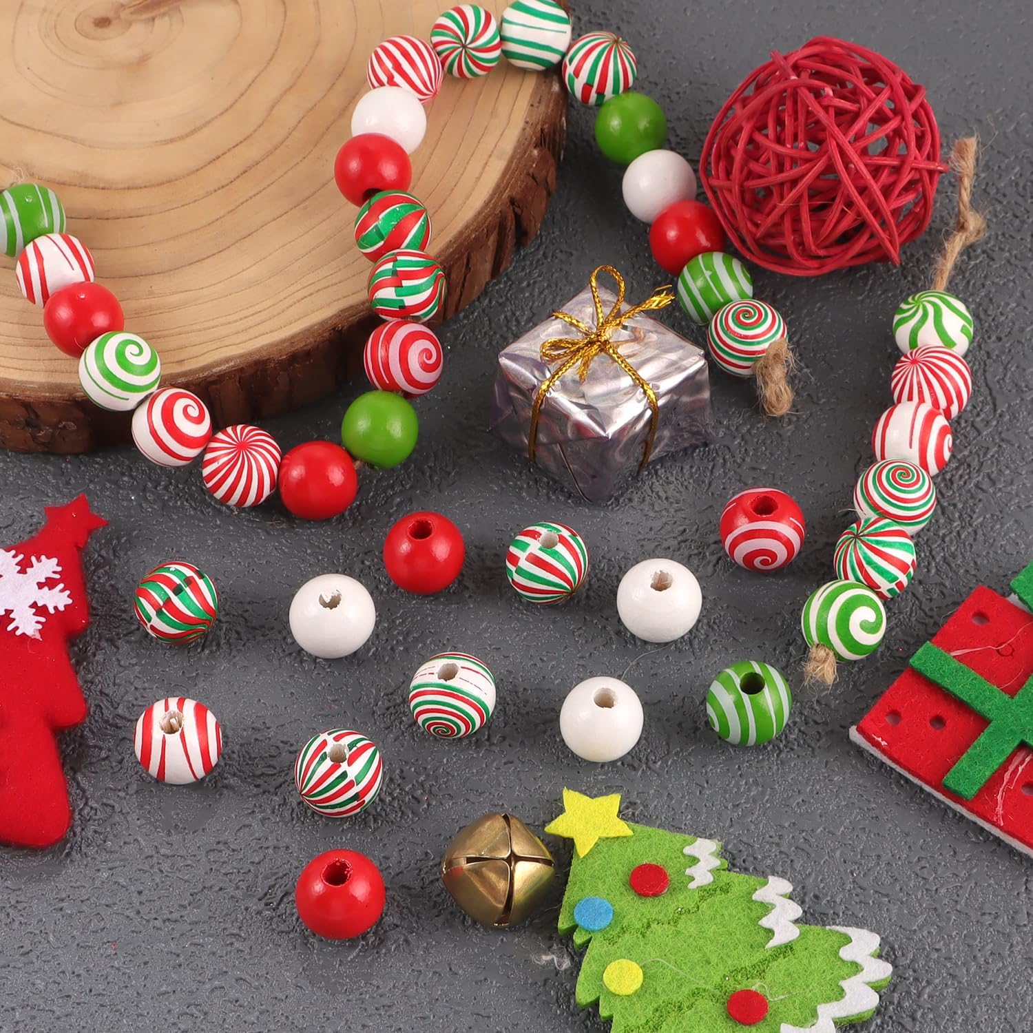 180 Pcs Christmas Wooden Beads Xmas Red Green Round Wood Beads Peppermint Candy Canes Crafts for DIY Garland Jewelry Making Party Tree Hanging Home - Image 5