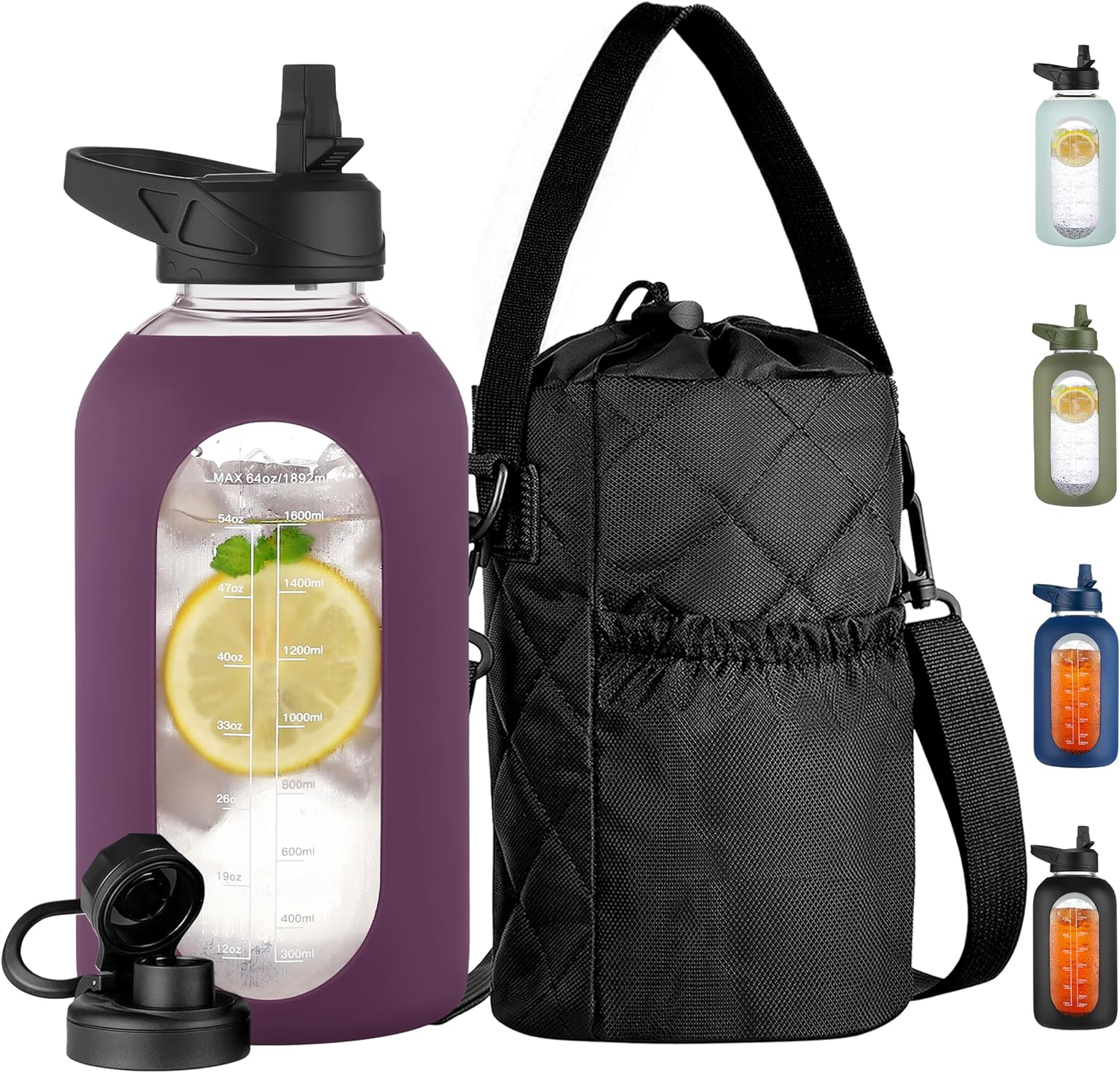 CIVAGO Half Gallon Glass Water Bottle with Straw and Insulated Bottle Holder Sling, 64 oz Motivational Water jug with Time Marker and Silicone Sleeve, Water Flask with 2 Lids, Mauve