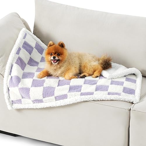 Lesure Waterproof Puppy Blanket for Small Dogs - Washable Double Sided Dog Blankets with Warm Jacquard Shag and Soft Sherpa Fleece, Pet Cat Blanket for Couch Protection, 3D Textured Cloud, Purple - S(25x35") - Cozy Lavender Checks
