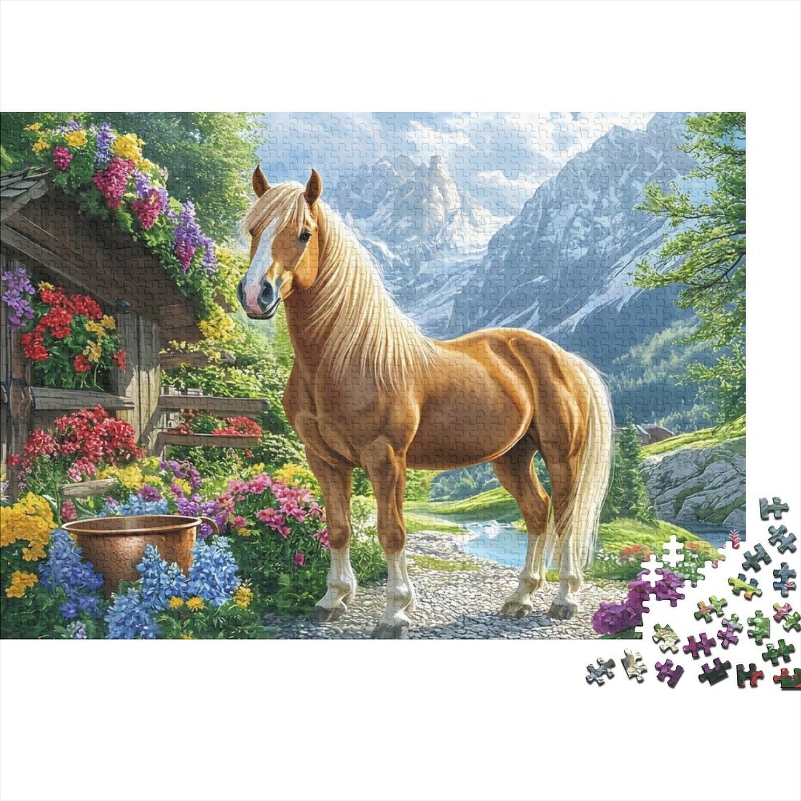 Horse in Mountain Garden Premium Paper Jigsaw Golden Horse Puzzle Sustainable Stress Relief Decorative Detailed for Adults & Families 38x26cm/1000pcs — image 1