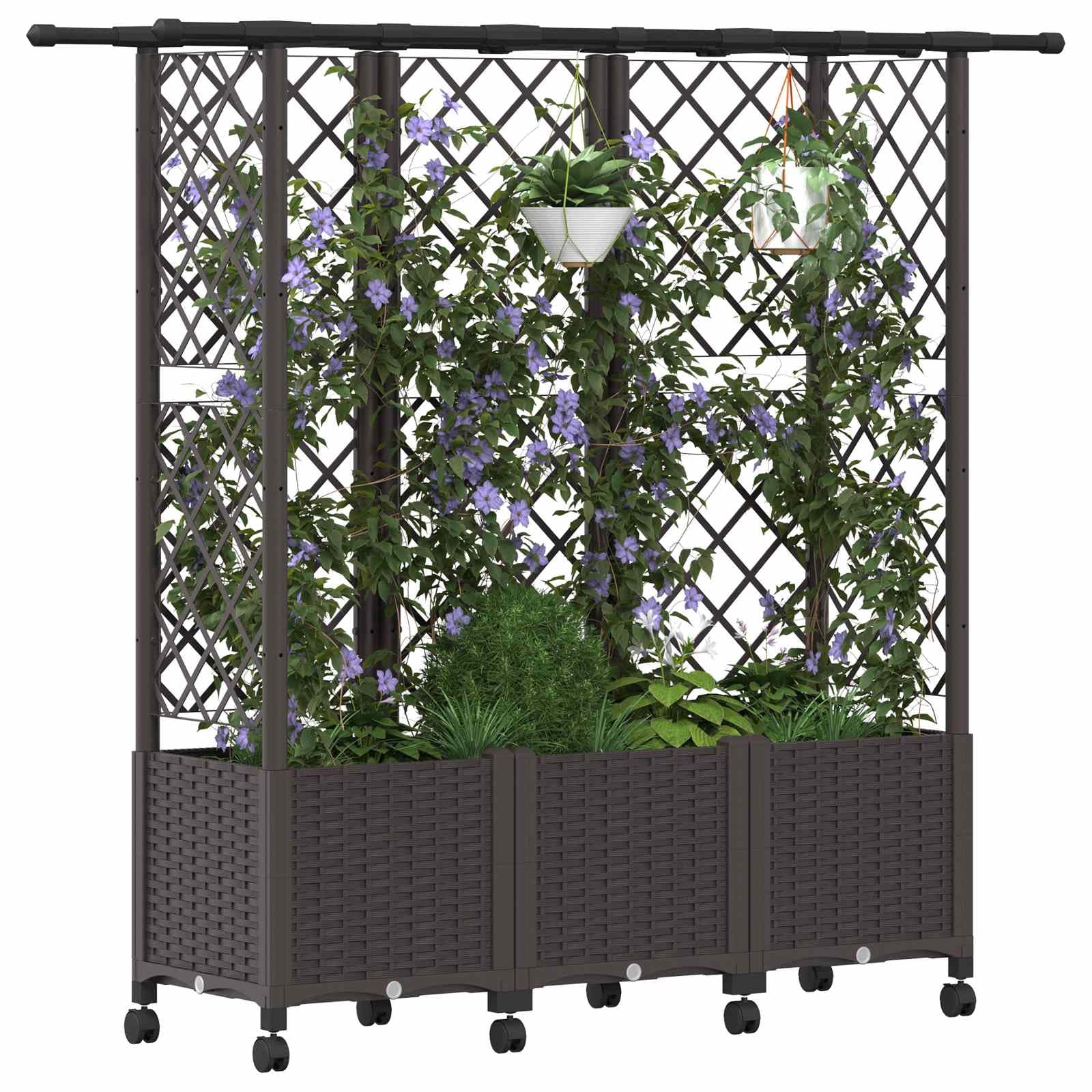 Jardinera con enrejado y techo marrón de polipropileno 163,5 x 40 x 142 cm, maceta para balcón, terraza, jardín, maceta, flores, hierbas, verduras, exteriores, con riego y almacenamiento de