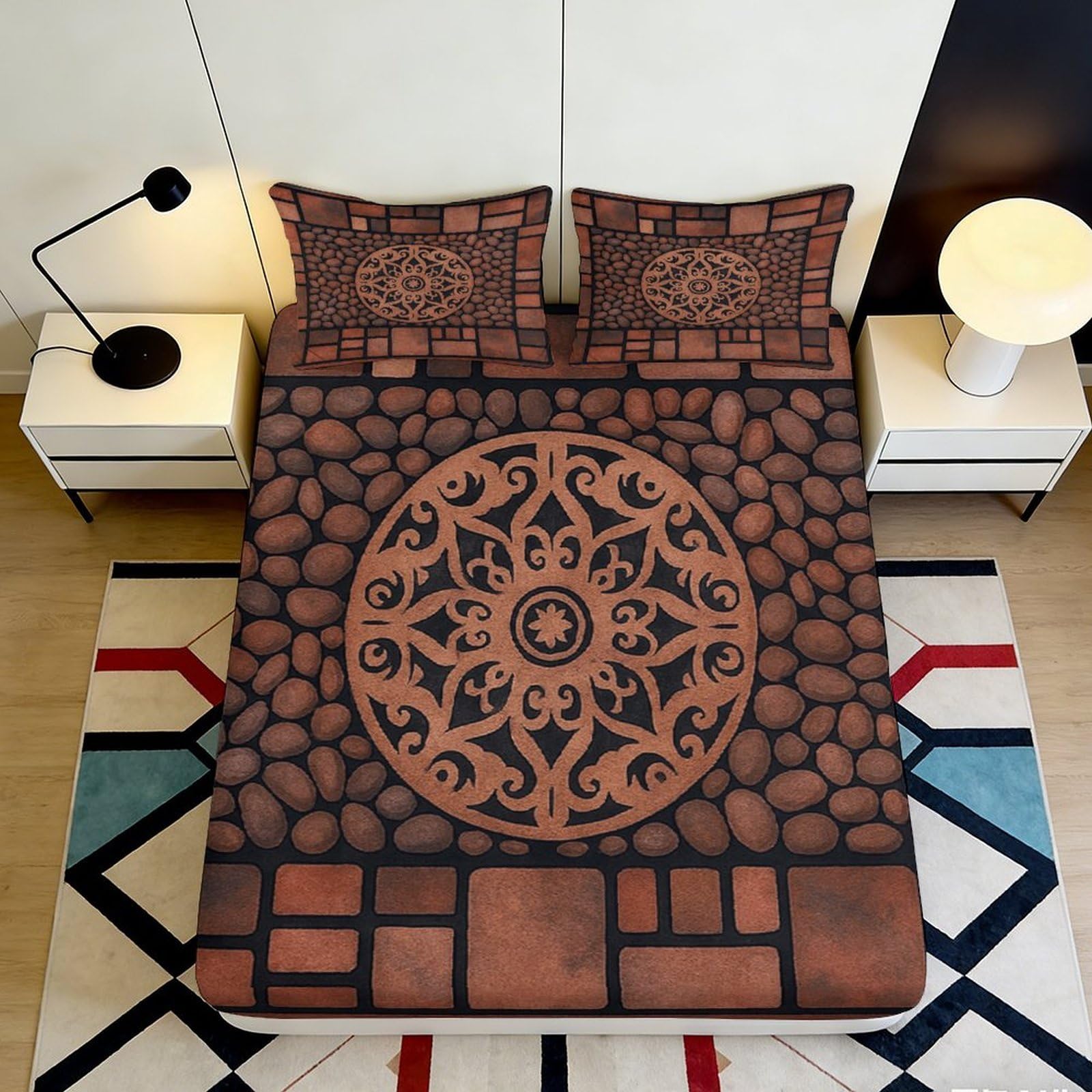 Pnayamiorkfel Style-2 3D Printed Rustic Stone Mosaic Fitted Sheet Microfiber Soft Anti-Slip Mandala Bed Cover For Bedroom Guest Room 90X200x25cm