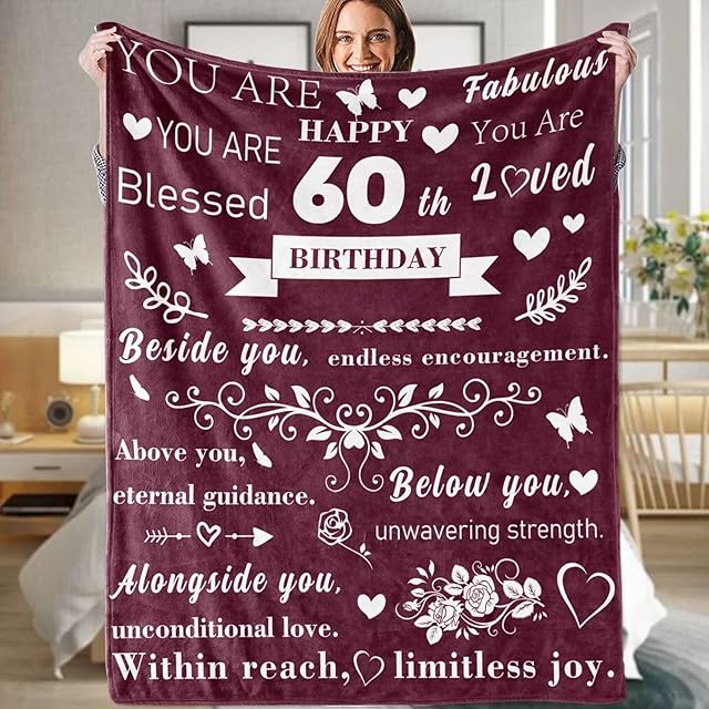 KEPMOV 60th Birthday Gifts for Women, 60th Birthday Gifts for Her, Womens Birthday Presents for Women Wife Mother Sister Grandma, Birthday Sweet Gifts for Women Flannel Blanket 130 x 150 cm