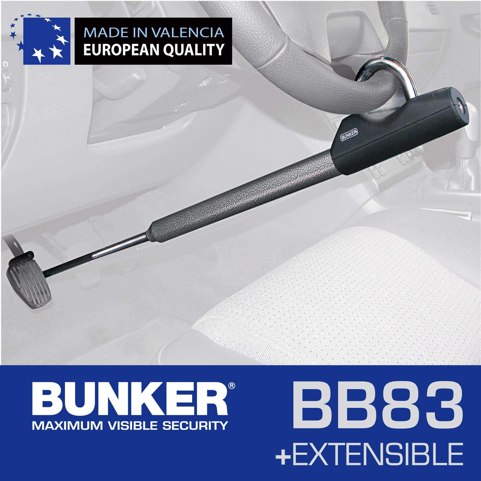 BUNKER BB83 Antivol Voiture Volant Pédale Haut de Gamme, Canne Sécurité Maximal, Barre +Extensible 80cm max, Réglage Facile Plus Précis, Bloque Anti Vol Bloc Universel Auto Fourgon Camping-Car Camion