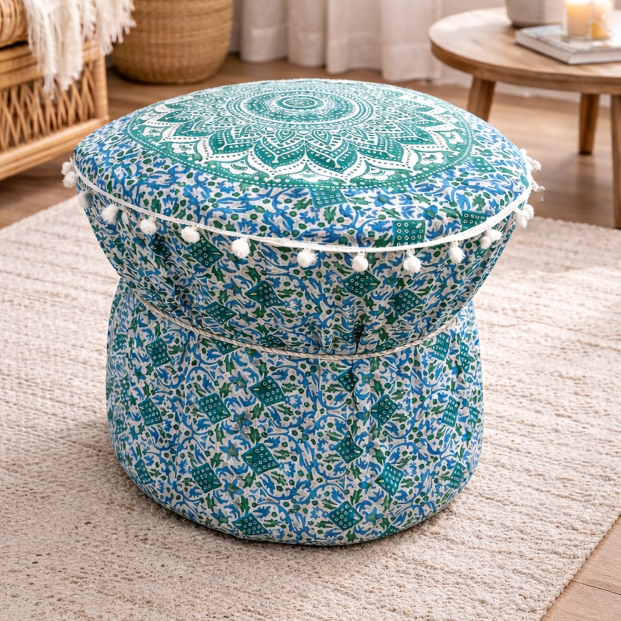 Handmade Green-Blue Boho Pouffe Ottoman Mudda Cover Round Mandala Print Cotton Footstool Set of 1 Pieces Muda Cover ONLY-image-2