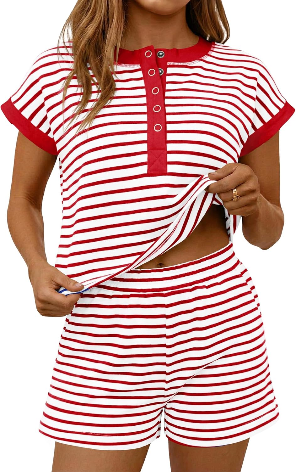 Fisoew Womens Striped 2 Piece Outfits Shorts Sets Casual Button Henley Shirts Tops Loose Workout Matching Lounge Sets