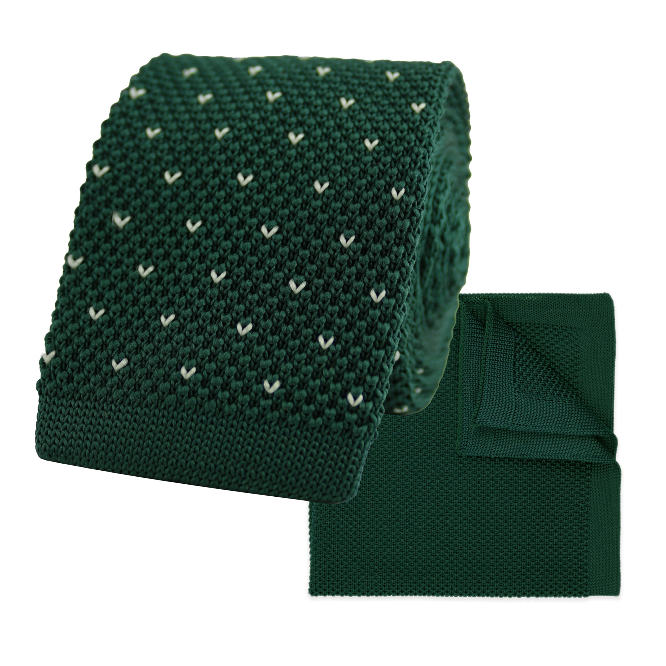 THE GENTS LAB Men's Square End Knitted Neck Tie With Dots & Matching Pocket Square | Made From 100% Soft Polyester | Over 10+ Colours (Dark Green)