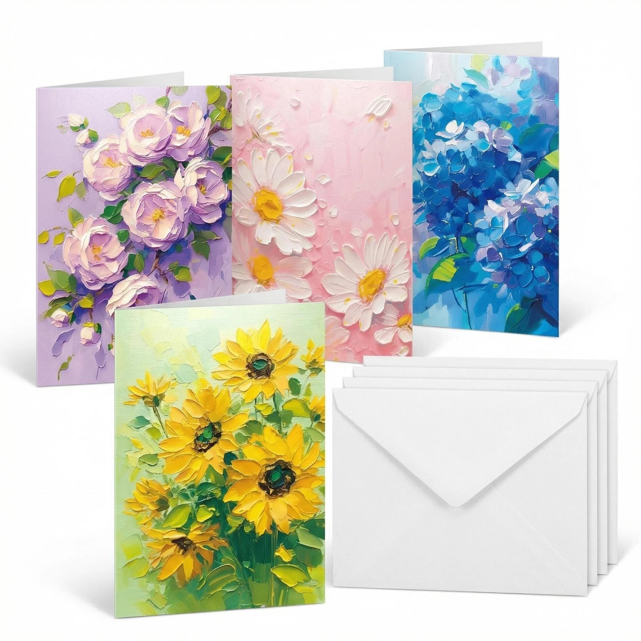 RARITYLL 4 Pack Blank Cards with Envelopes, 4 Assorted Floral Design Notecards, Bulk Greeting Card Set for All Occasions (Mother’s Day, Thank You, Birthday), 4 x 6 inches