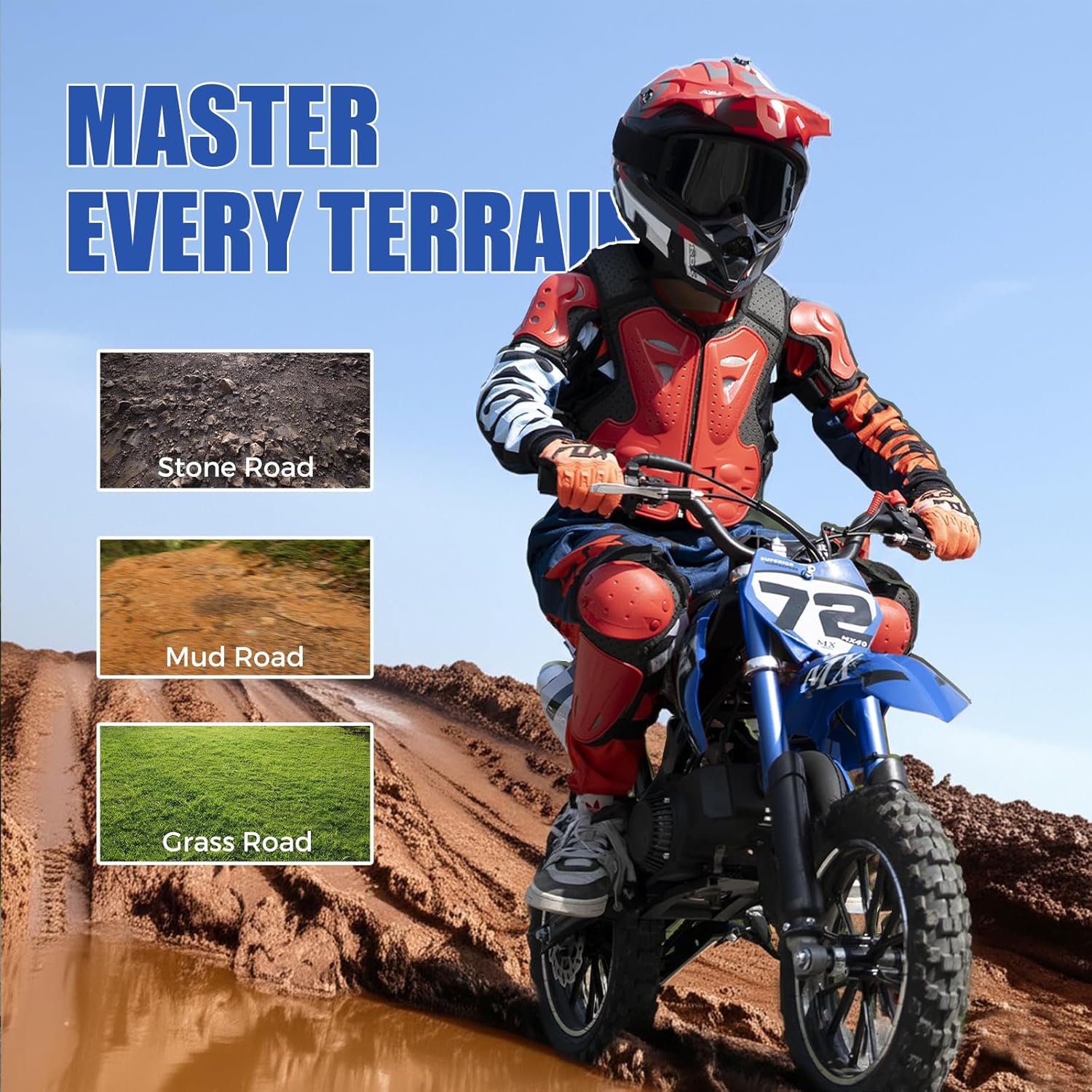 50cc Kids Dirt Bike Gas Powered Mini Dirt Bike 2-Stroke Off-Road with Suspension Brakes 50cc Class 24 MPH, Blue