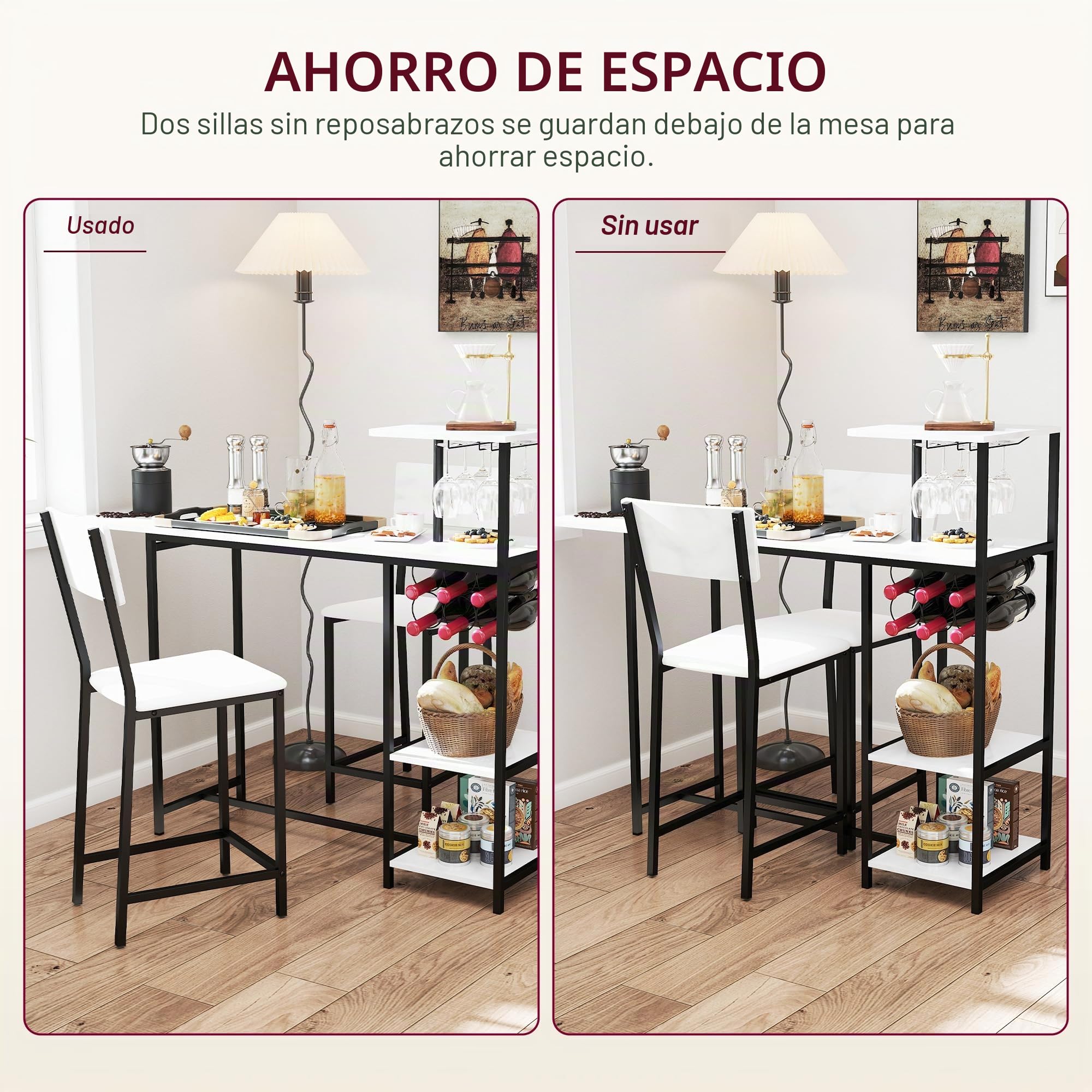 HOMCOM - Conjunto de Mesa de Bar con taburetes, Mesa de Comedor de pie con 2 sillas de Bar, Tapa Plegable, taquillas para Vino, portavasos, estantes Abiertos y reposapiés, Efecto mármol Blanco