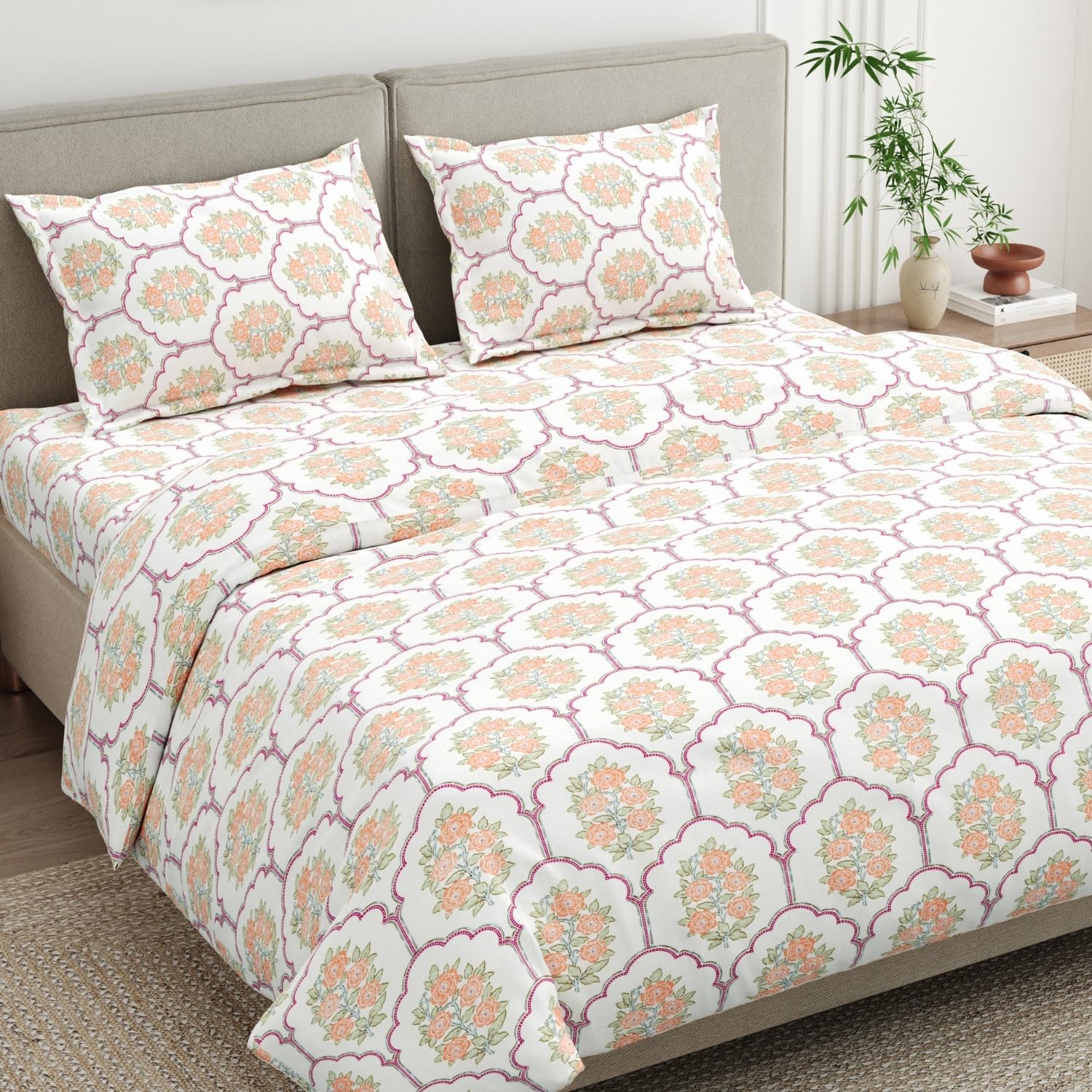 Haus & Kinder King Size Bed Sheet Cotton | 100% Combed Cotton 186 TC Bedsheets for King Size Bed |108 X 108 Inches Bedsheet with 2 Pillow Covers - Heritage Blossom