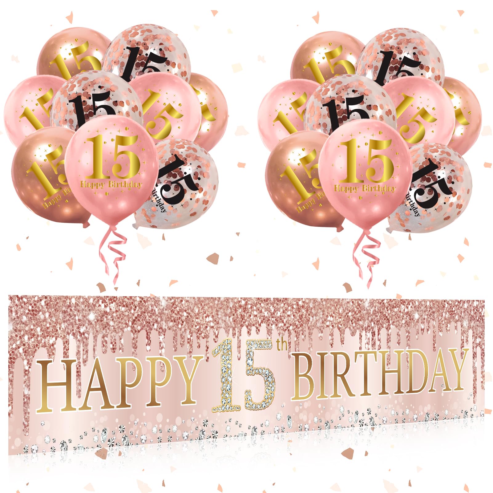 15th Birthday Decorations, 20pcs 15 Banner Balloons for Women, Pink Rose Gold Happy 15 Birthday Yard Banner Balloons Kit Party Supplies, 15 Year Old Birthday Photo Props Sign Decor for Outdoor Indoor