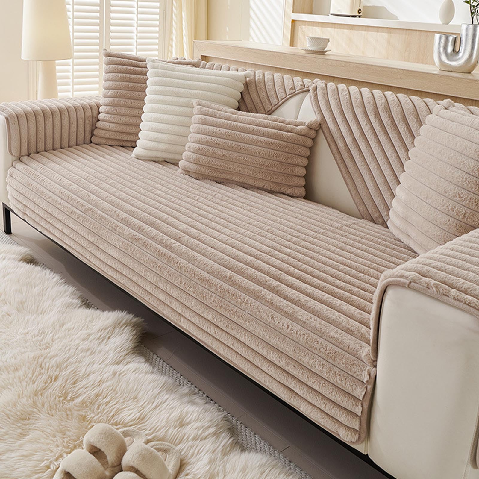Housse de canapé en peluche lapin 3 places light curry anti-dérapante