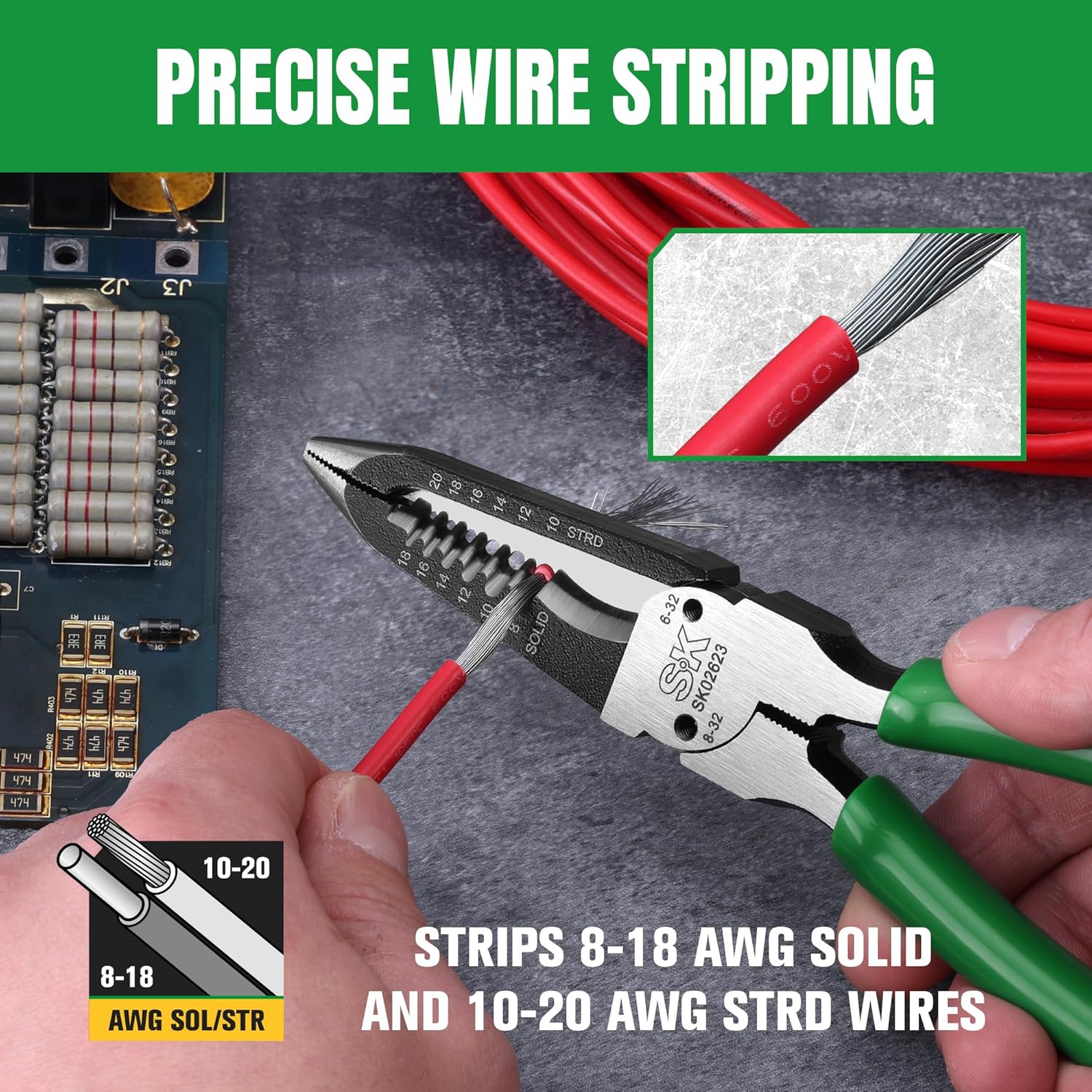 SK 8-Inch Multi-Use Wire Stripper, 4 in 1 Wire Stripping Tool, Premium CR-V Steel, for Stripping, Cutting, Gripping and Bolt Cutting