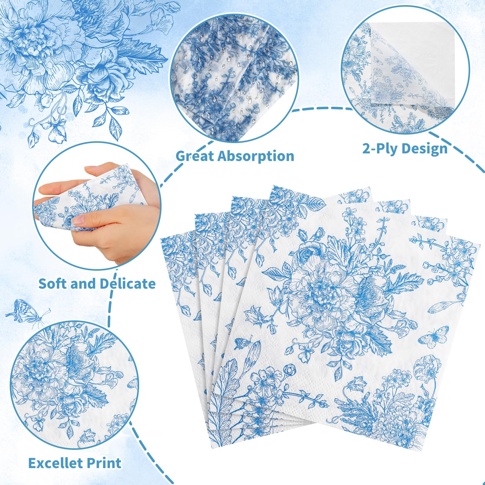 NatNarr 100 servilletas de cóctel florales azules, servilletas azules y blancas, diseño vintage de flores y mariposas, servilletas de postre, servilletas azules para baby shower, fiesta de té, fiesta