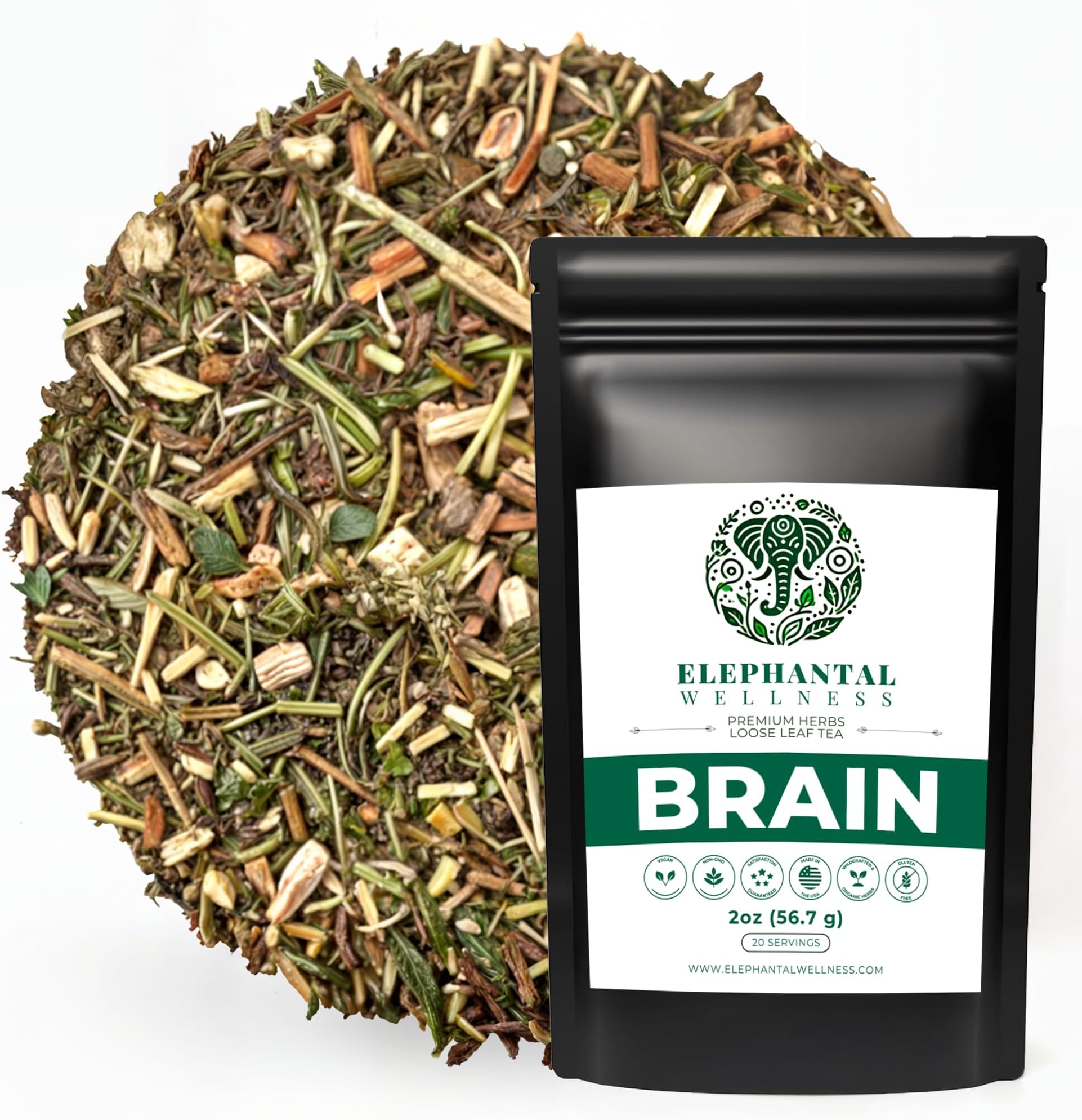 - Elephantal Wellness Premium Brain Herbal Tea | Nootropic Focus & Mental Clarity with Ginkgo, Bacopa, Gotu Kola & Rosemary | Non-GMO, Caffeine-Free Coffee Alternative, Handmade Loose Leaf Blend, 2oz Loose Leaf, 20 Servings