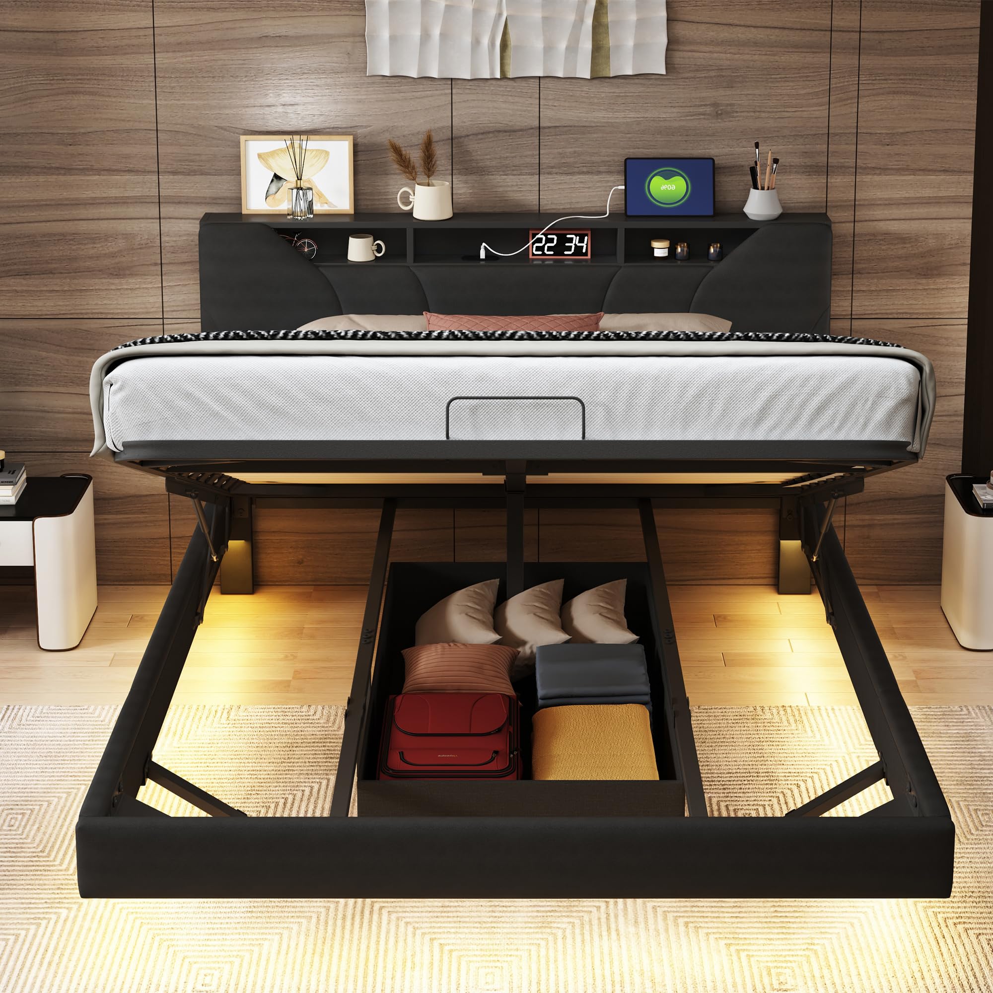 KeepGoon Letto imbottito 160 x 200 cm, comodino con illuminazione a LED, presa USB, barra di pressione dell'aria, letto matrimoniale con cassetta, letto sospeso, materiale PU, testiera con vano