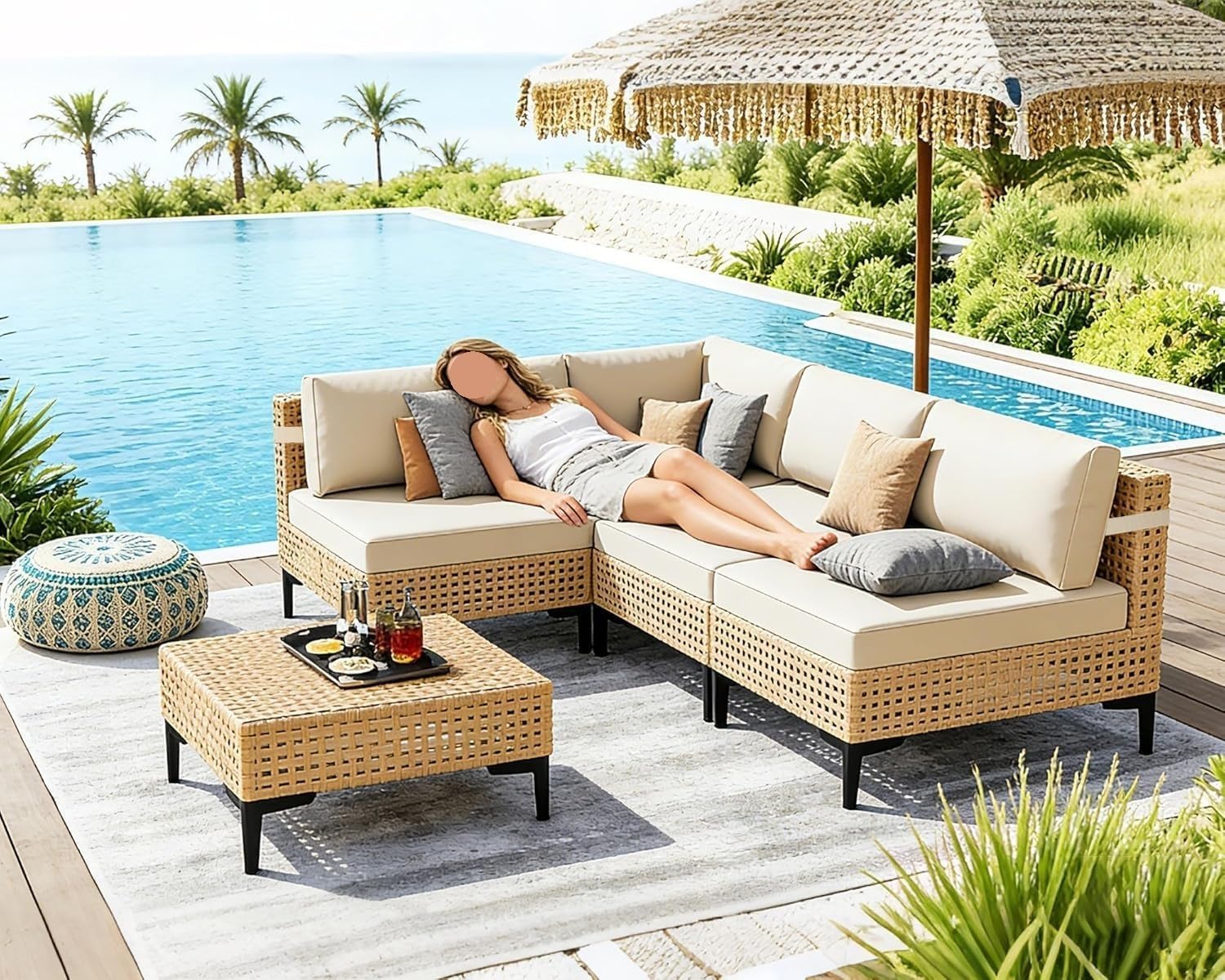5-Piece Wicker Outdoor Patio Furniture Sets with Anti-Slip Cushions Coffee Table Boho Patio Conversation Set Sectional Sofa for Backyard Porch Balcony