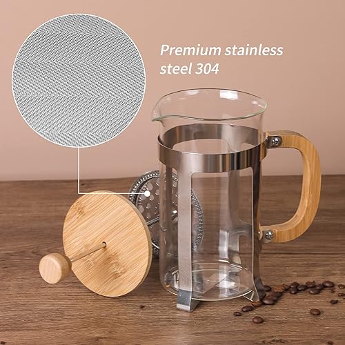 Miniatura 5 de Sivaphe Cafeteratetera de prensa francesa de 34 onzas con tapa de bambú y mano de acero inoxidable de alto vidrio de borosilicato de 33.8 fl oz