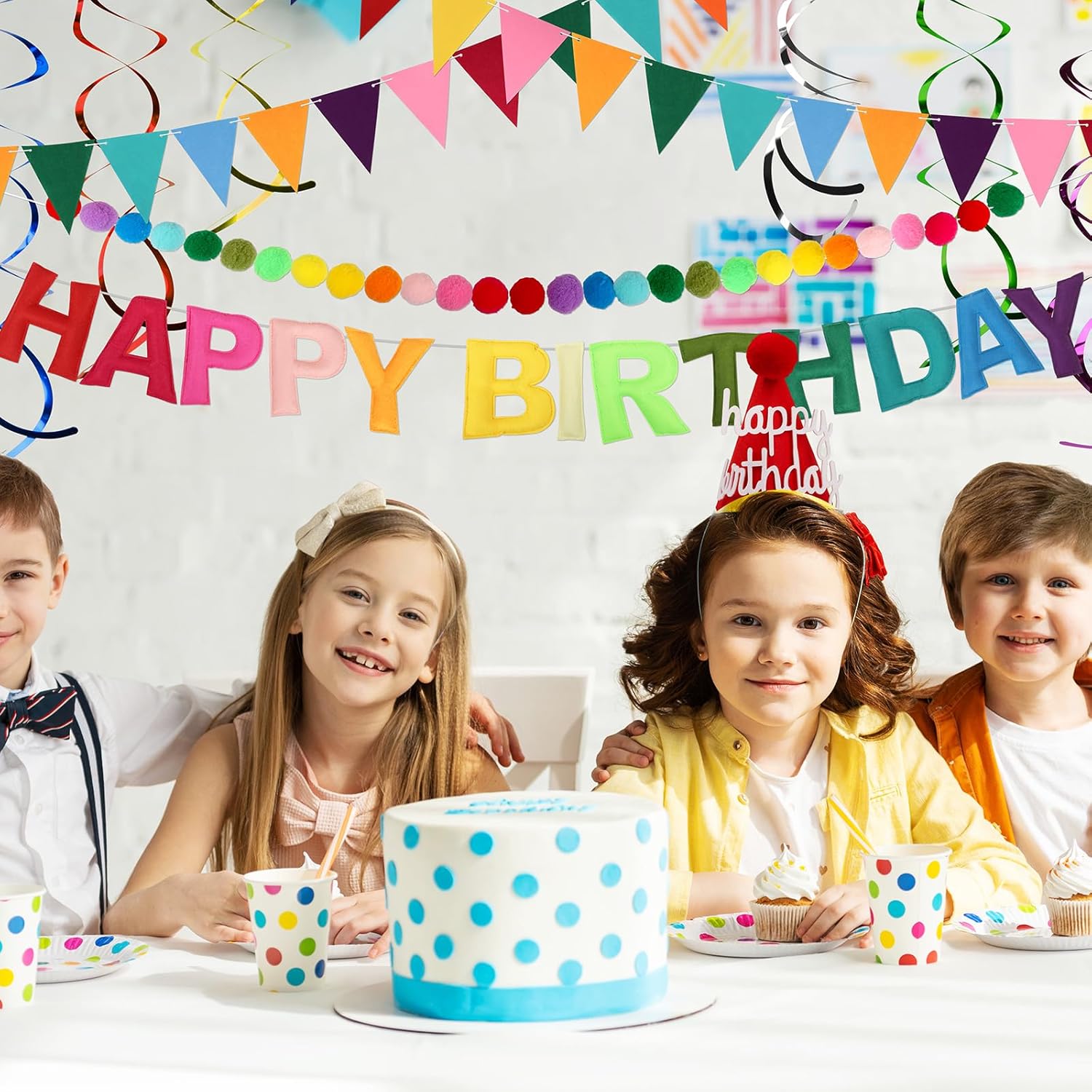 Pre Strung Happy Birthday Banner Set - Felt Ball Garland, Felt Birthday hat and Pennant Flags & Colorful Hanging Swirl, Reusable Rainbow Party Decorations for Kids & Adults
