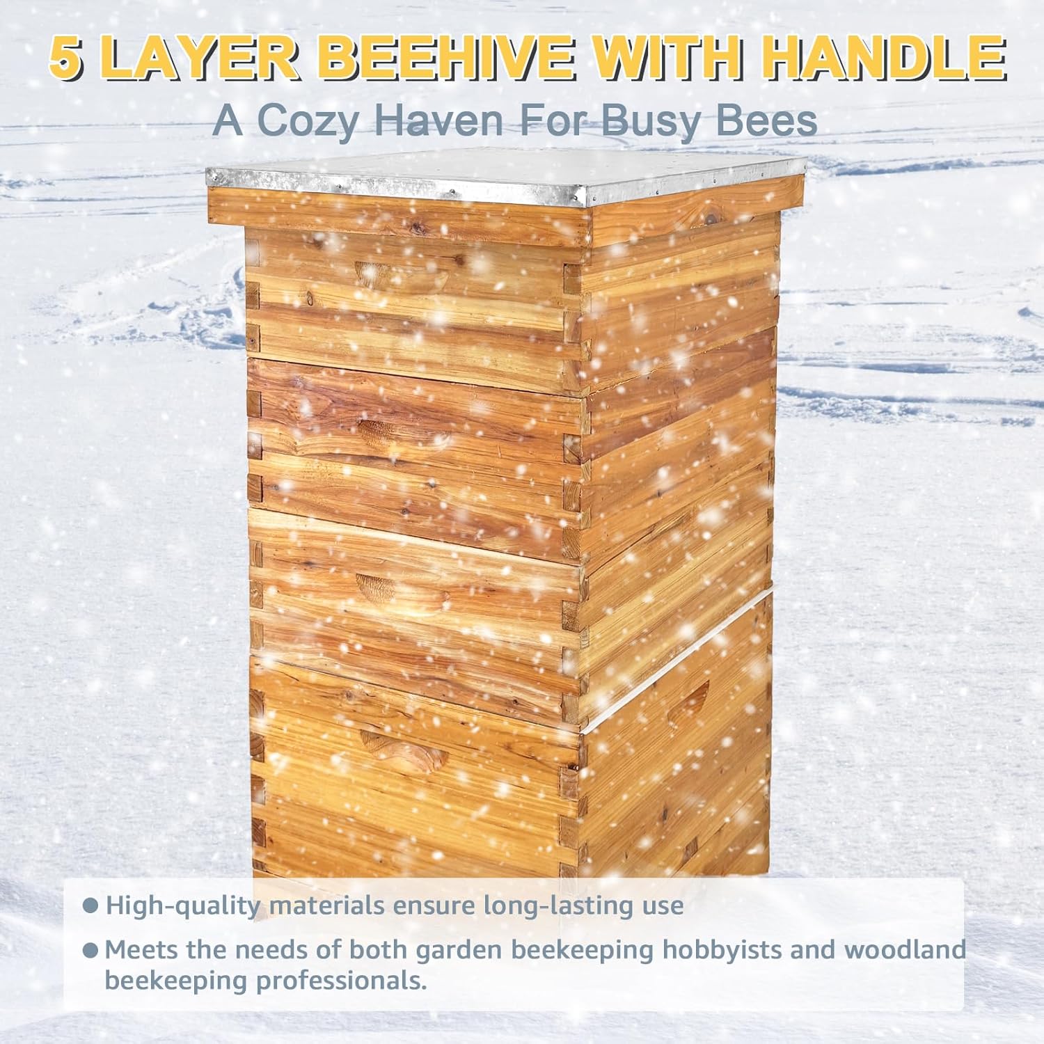 5-Layer Langstroth Bee Hive Kit, 100% Beeswax Coated Wood Beehive Includes 2 Deep Breeding Boxes and 3 Medium Super Boxes, 10-Frame Standard Bee House with Metal Top Cover, No Frames